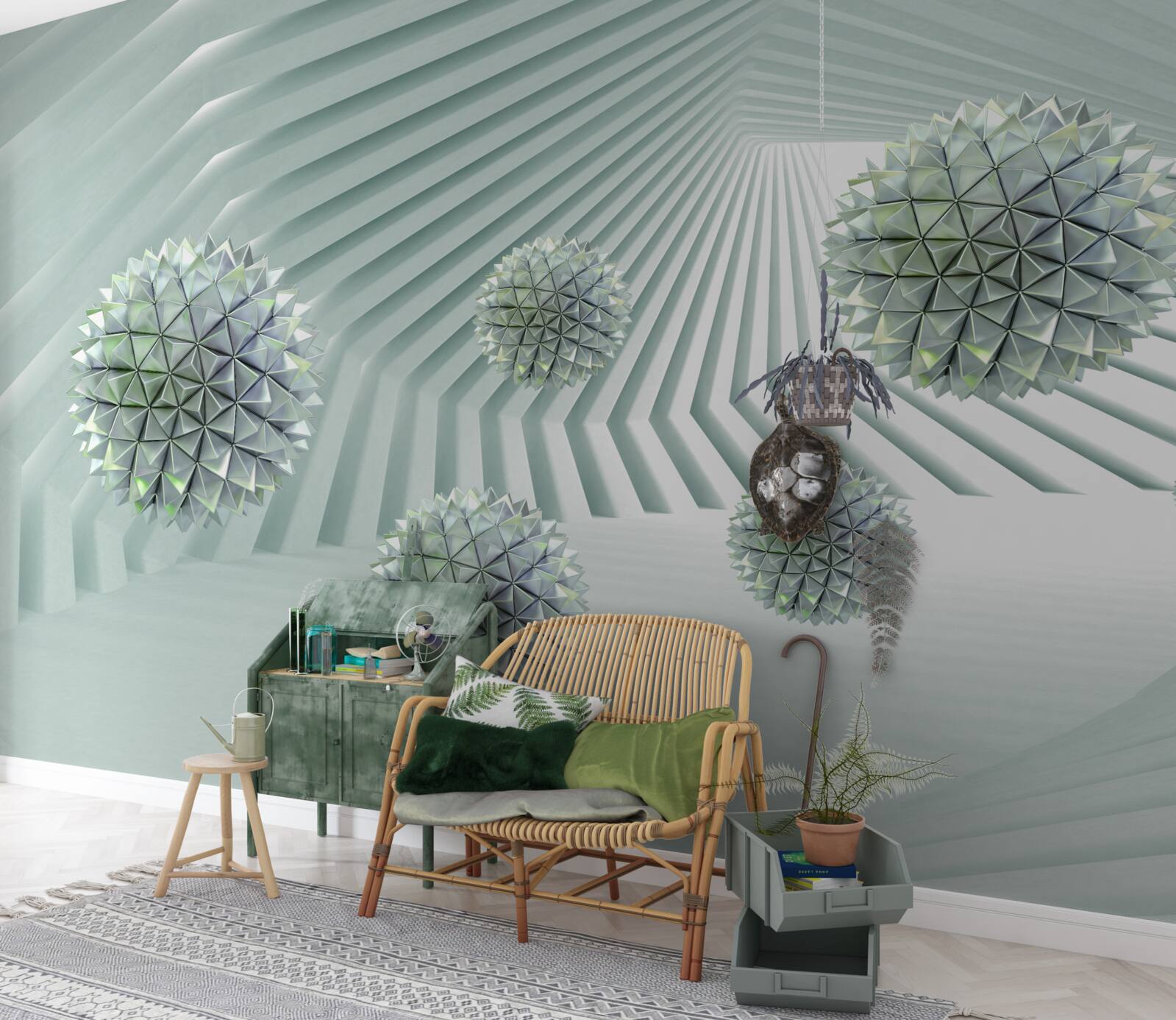 Fototapet tunel cu model geometric și bile zburătoare