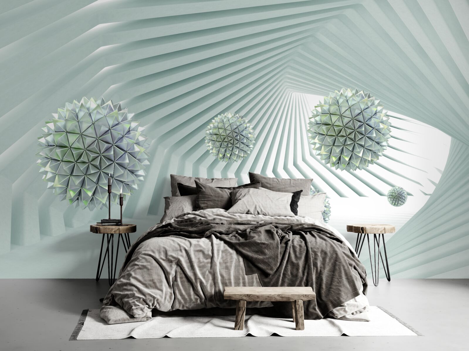 Fototapet tunel cu model geometric și bile zburătoare