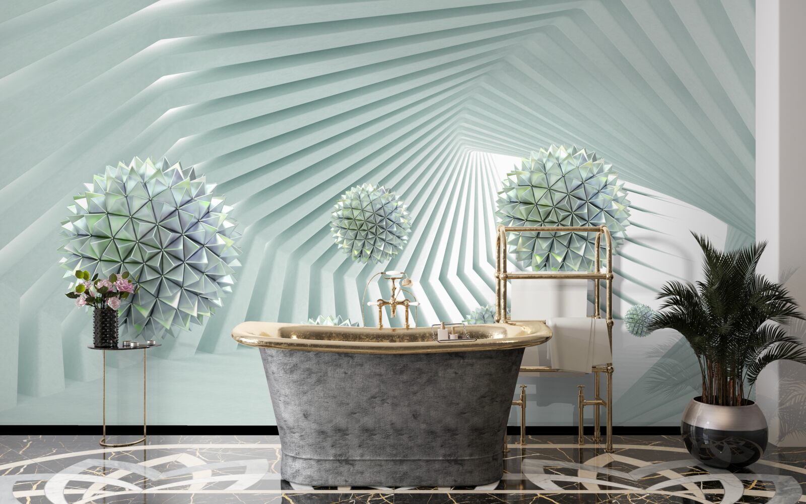 Fototapet tunel cu model geometric și bile zburătoare