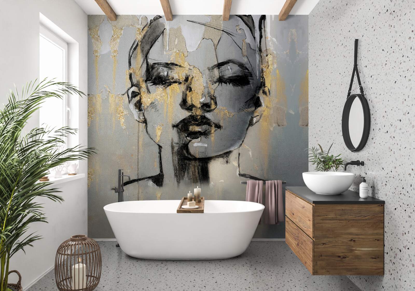 Fototapet fata desenează o abstracție cu vopsea neagră