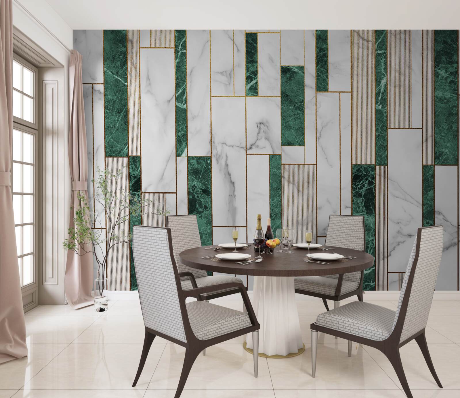 Fototapet dale albe și verzi în orientare verticală cu accente aurii