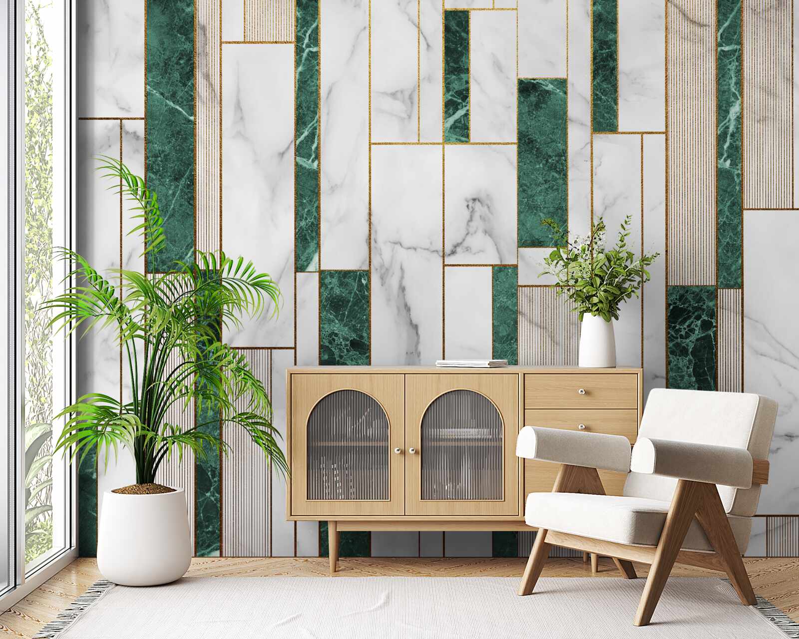 Fototapet dale albe și verzi în orientare verticală cu accente aurii