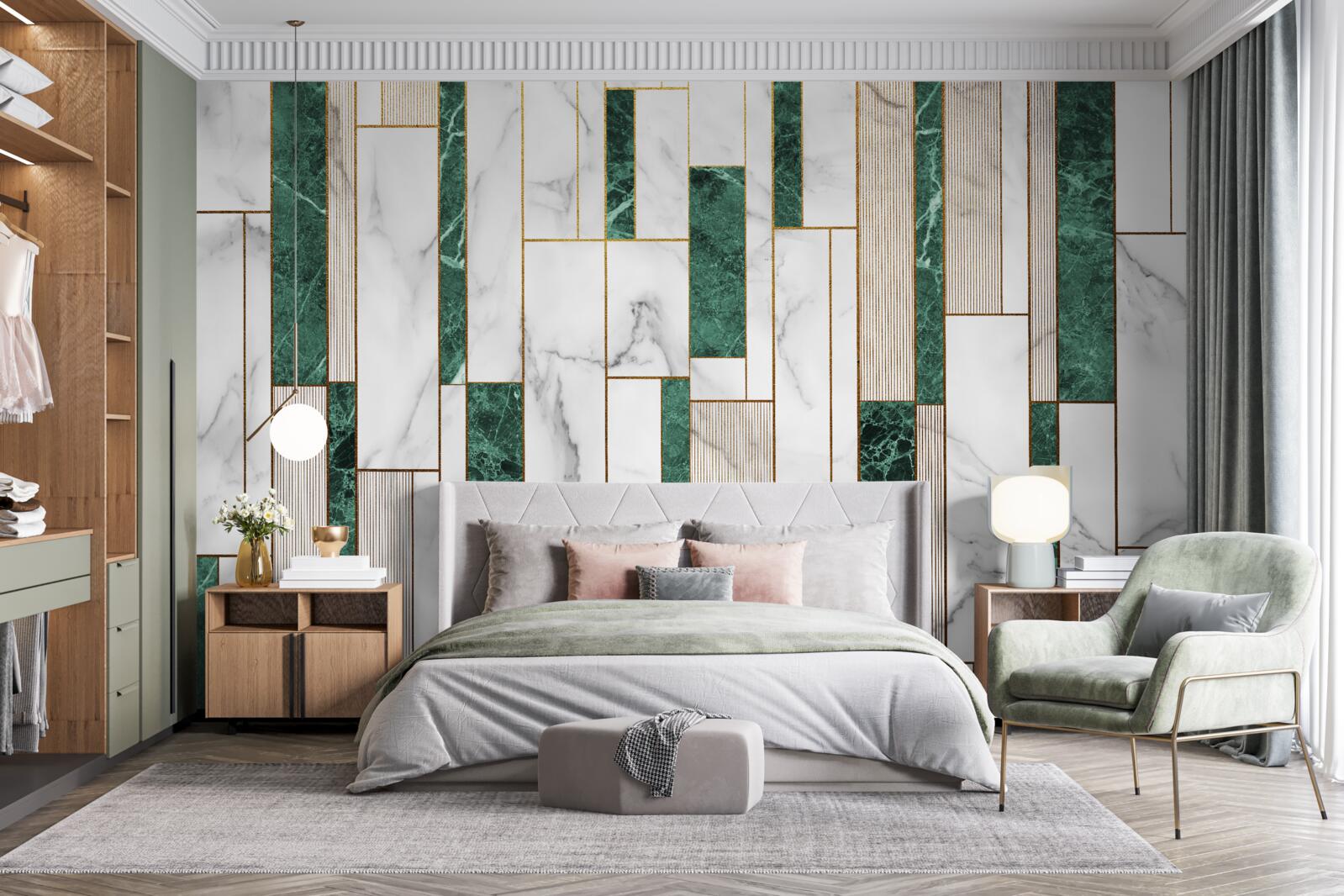 Fototapet dale albe și verzi în orientare verticală cu accente aurii