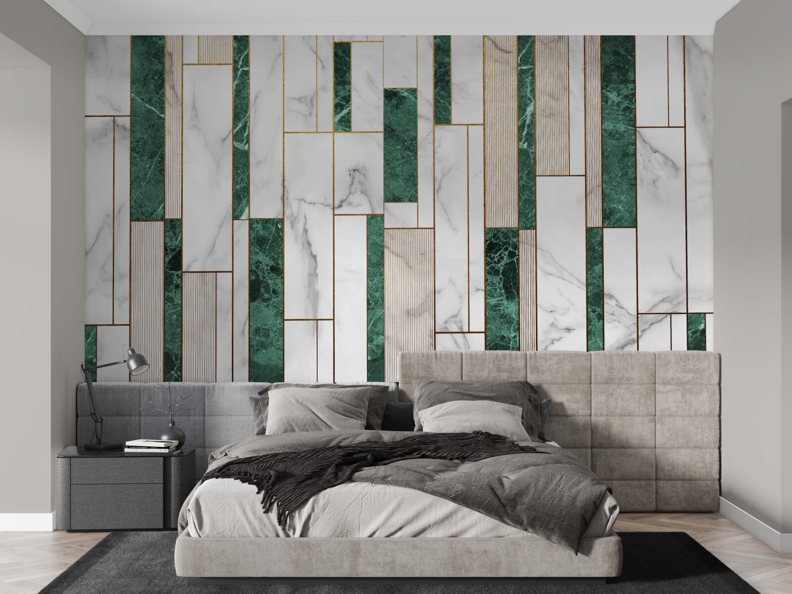 Fototapet dale albe și verzi în orientare verticală cu accente aurii