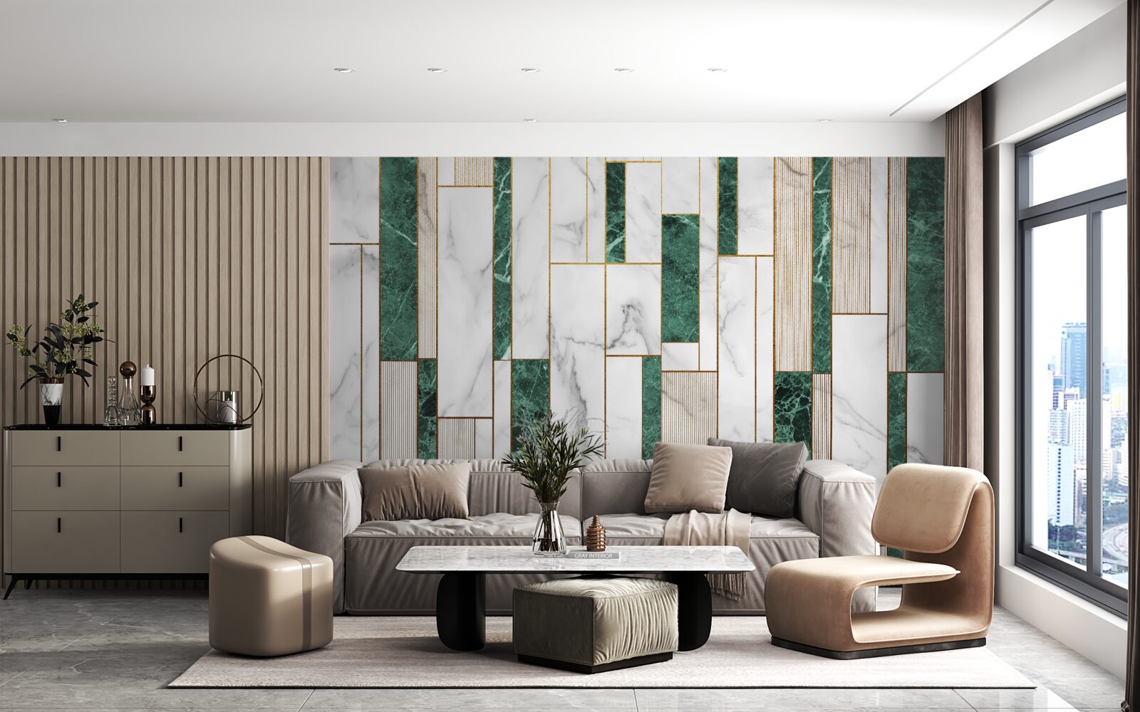 Fototapet dale albe și verzi în orientare verticală cu accente aurii