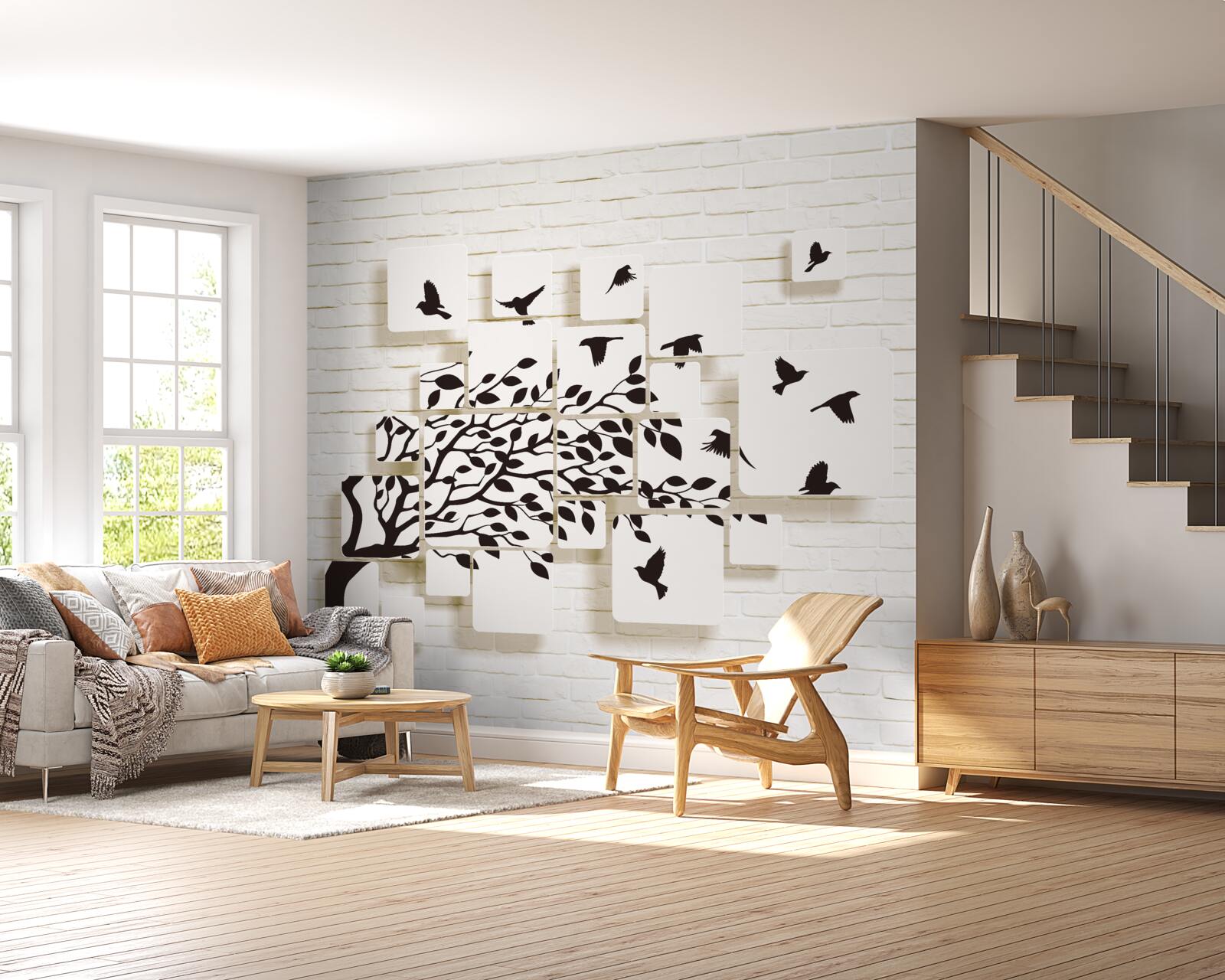 Fototapet păsările părăsesc copacul sub o rafală de vânt