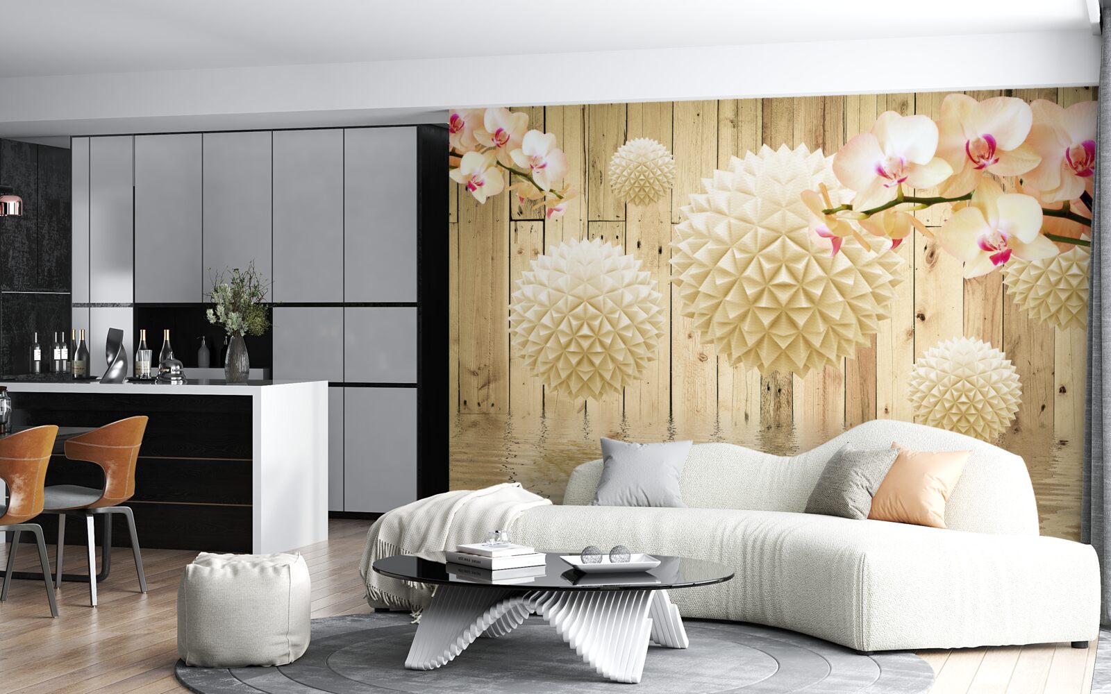 Fototapet forme circulare plutitoare cu ramuri de orhidee