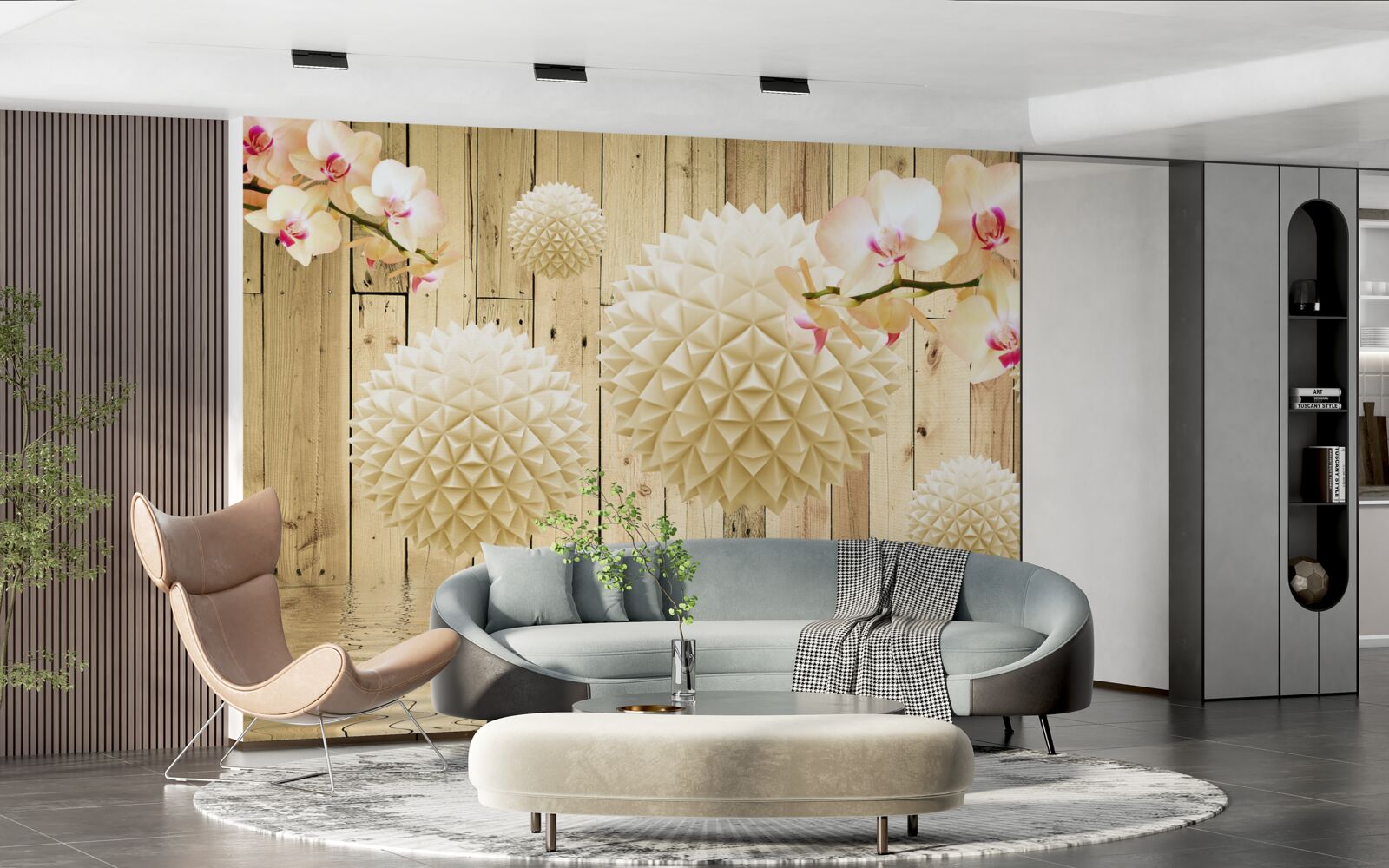 Fototapet forme circulare plutitoare cu ramuri de orhidee