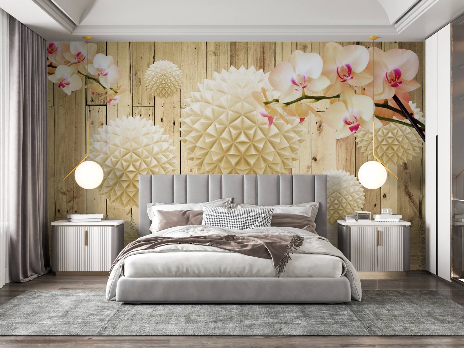 Fototapet forme circulare plutitoare cu ramuri de orhidee