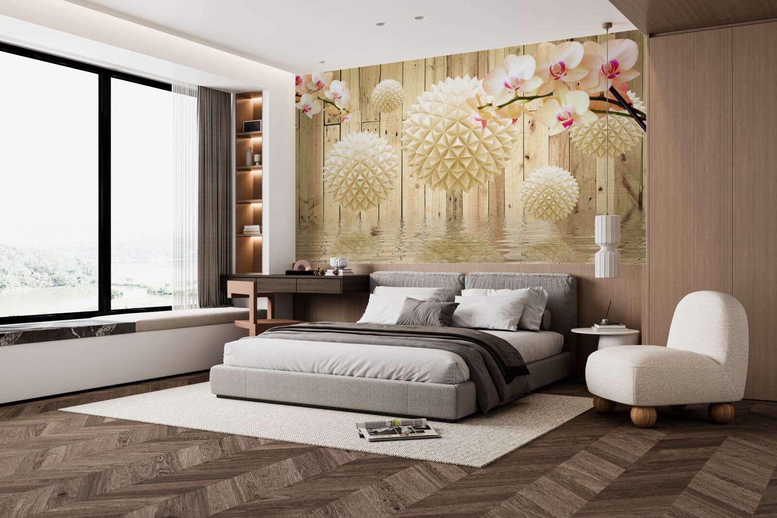 Fototapet forme circulare plutitoare cu ramuri de orhidee