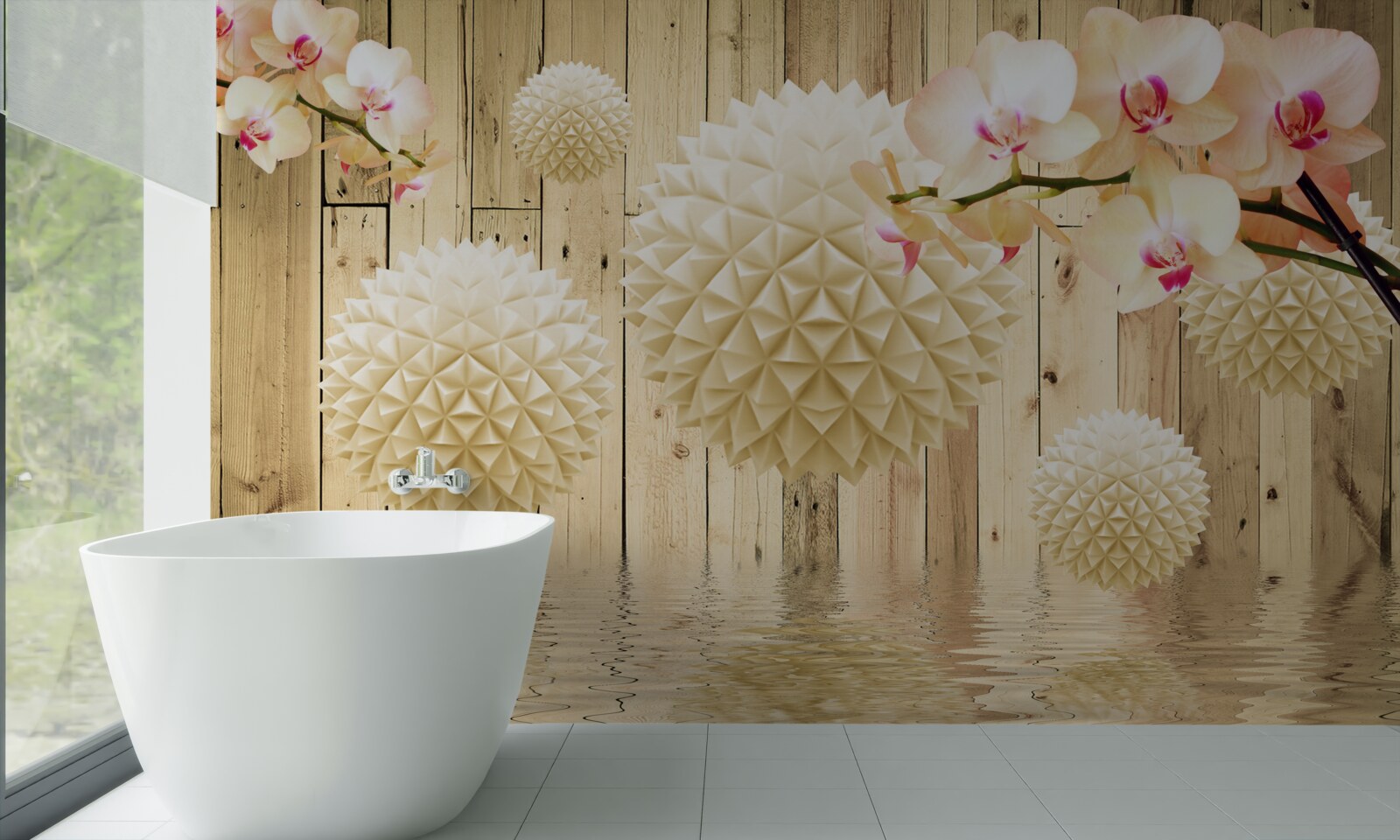 Fototapet forme circulare plutitoare cu ramuri de orhidee