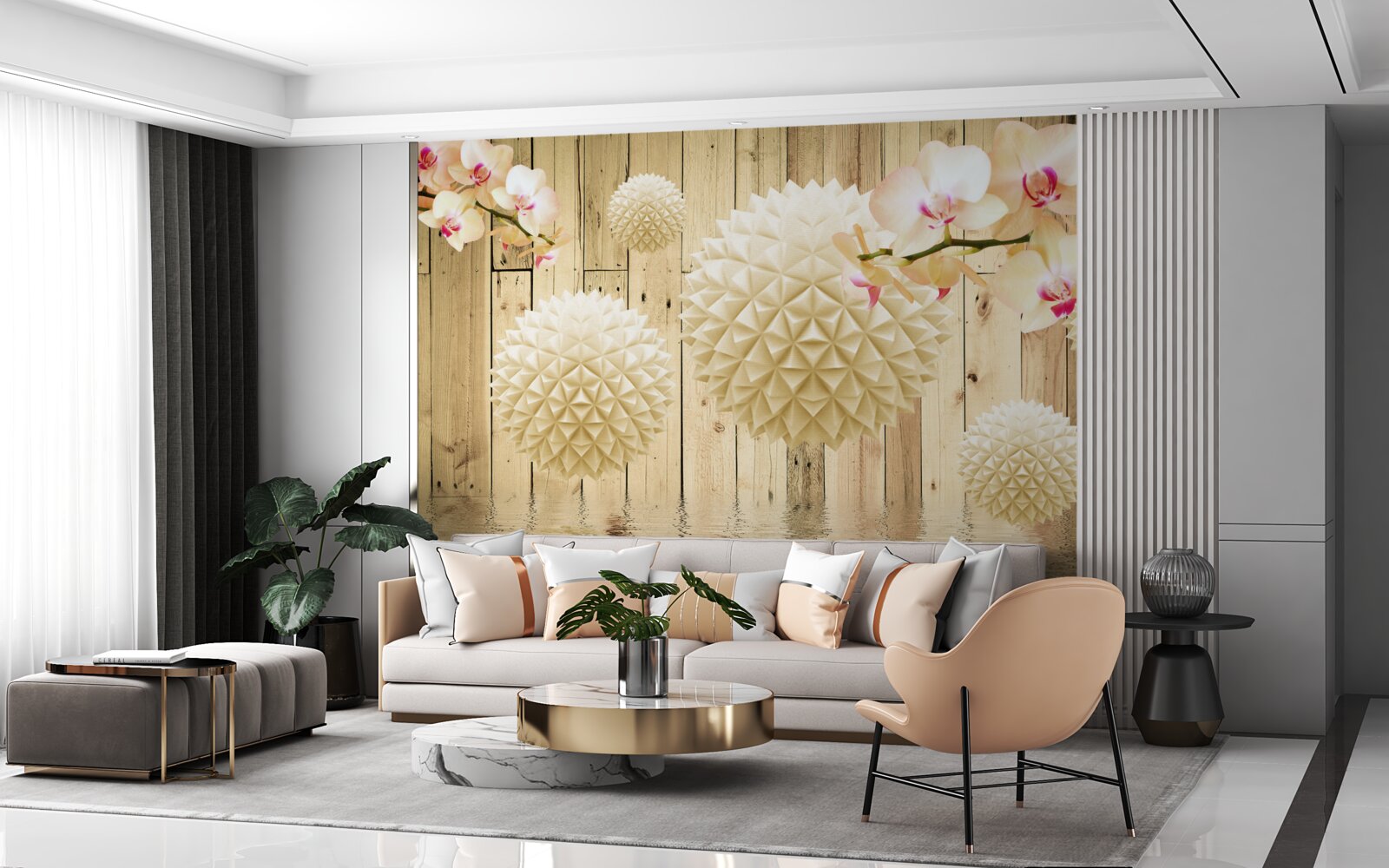 Fototapet forme circulare plutitoare cu ramuri de orhidee