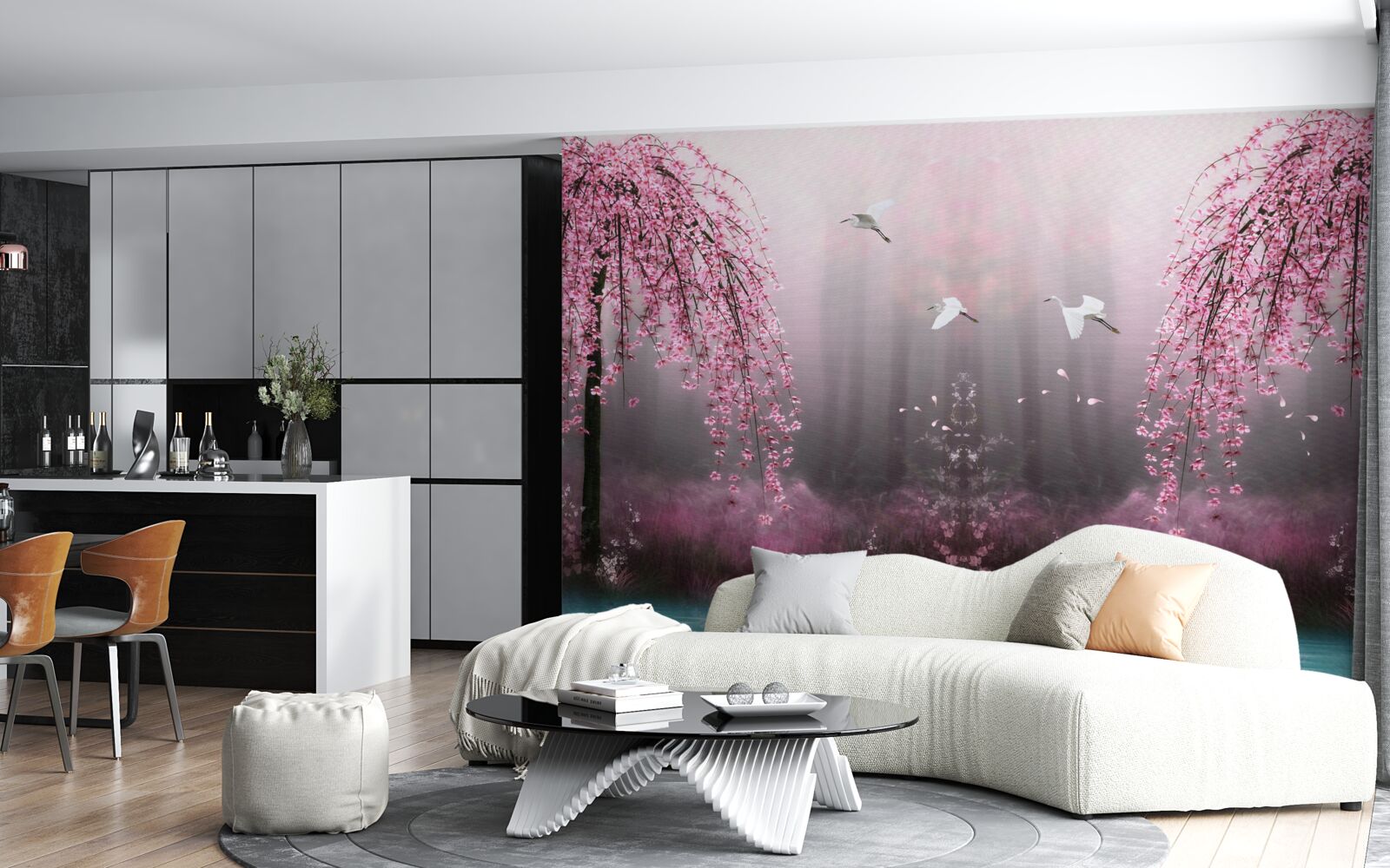 Fototapet Seara, lângă apa albăstruie, ramurile de sakura în rânduri dense fac peisajul pitoresc