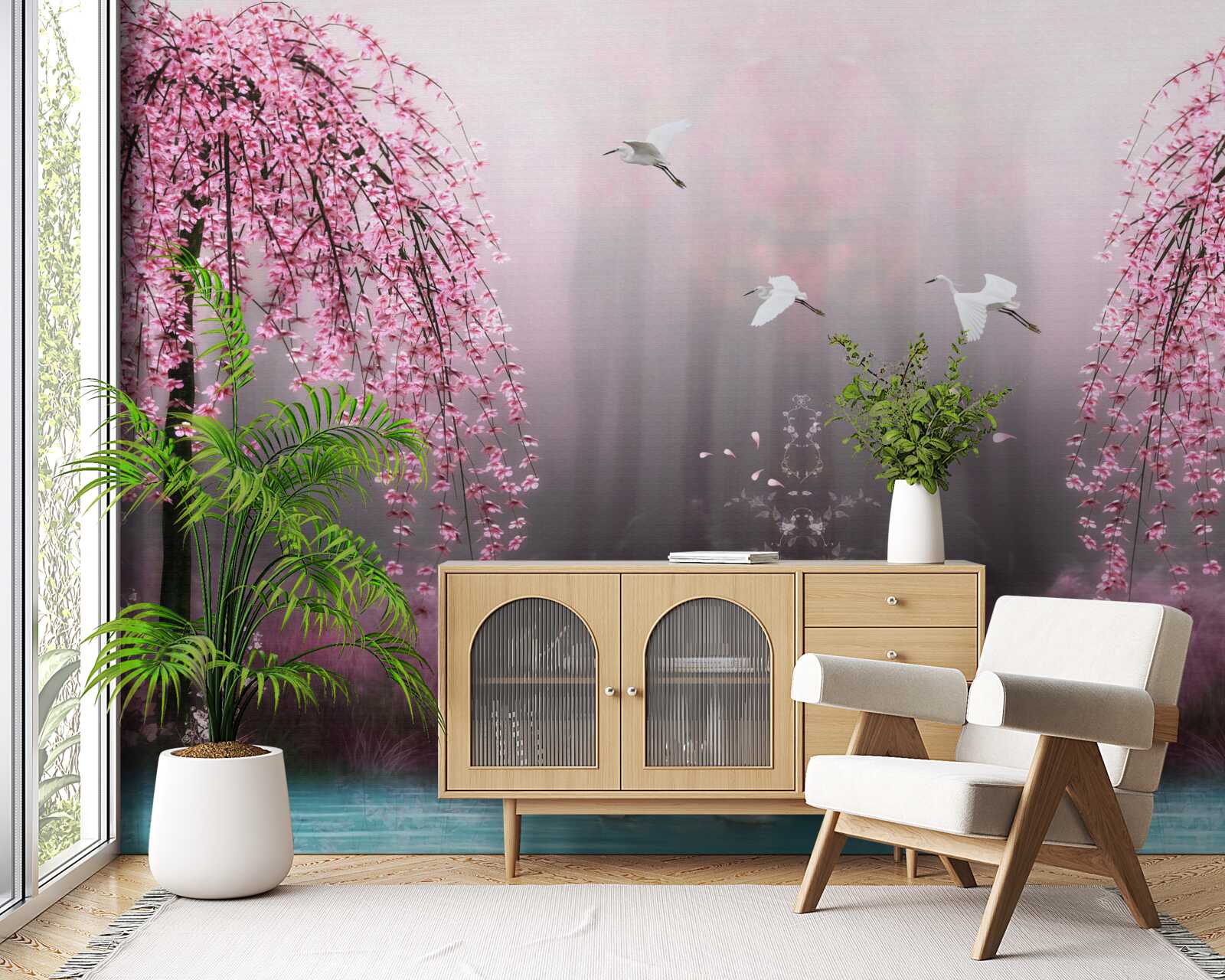 Fototapet Seara, lângă apa albăstruie, ramurile de sakura în rânduri dense fac peisajul pitoresc