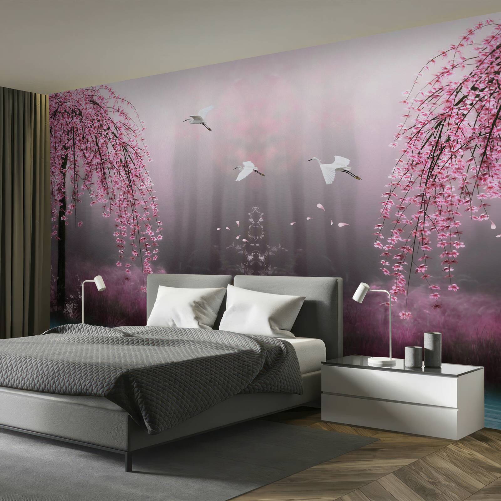 Fototapet Seara, lângă apa albăstruie, ramurile de sakura în rânduri dense fac peisajul pitoresc