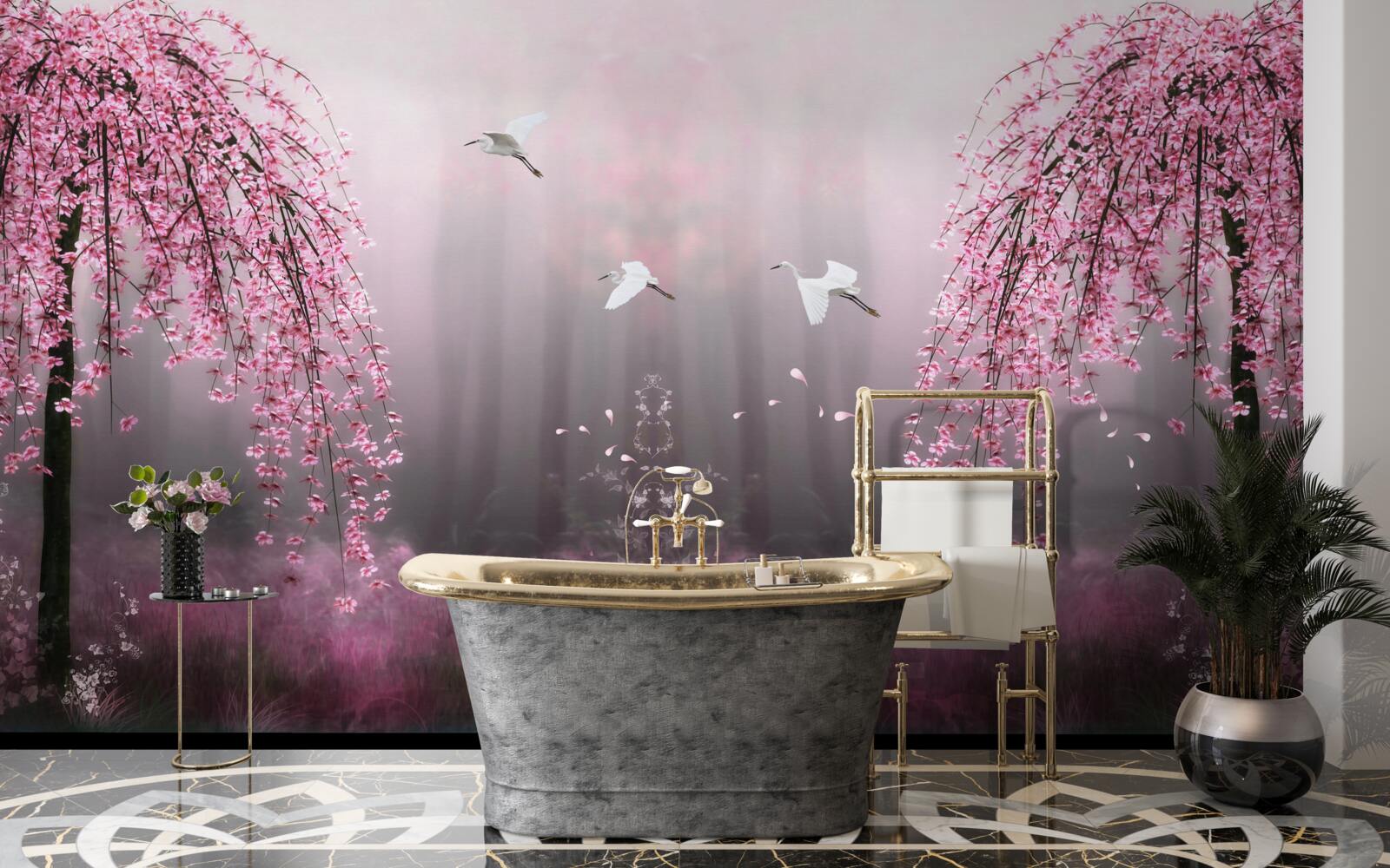 Fototapet Seara, lângă apa albăstruie, ramurile de sakura în rânduri dense fac peisajul pitoresc