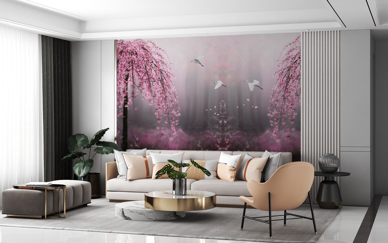 Fototapet Seara, lângă apa albăstruie, ramurile de sakura în rânduri dense fac peisajul pitoresc