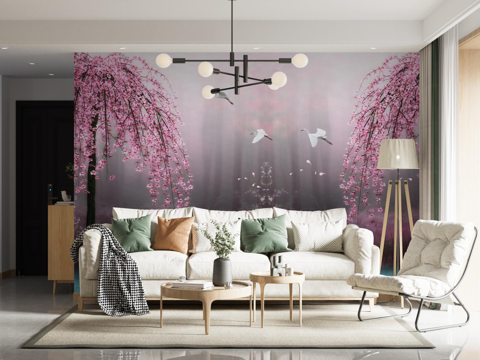 Fototapet Seara, lângă apa albăstruie, ramurile de sakura în rânduri dense fac peisajul pitoresc