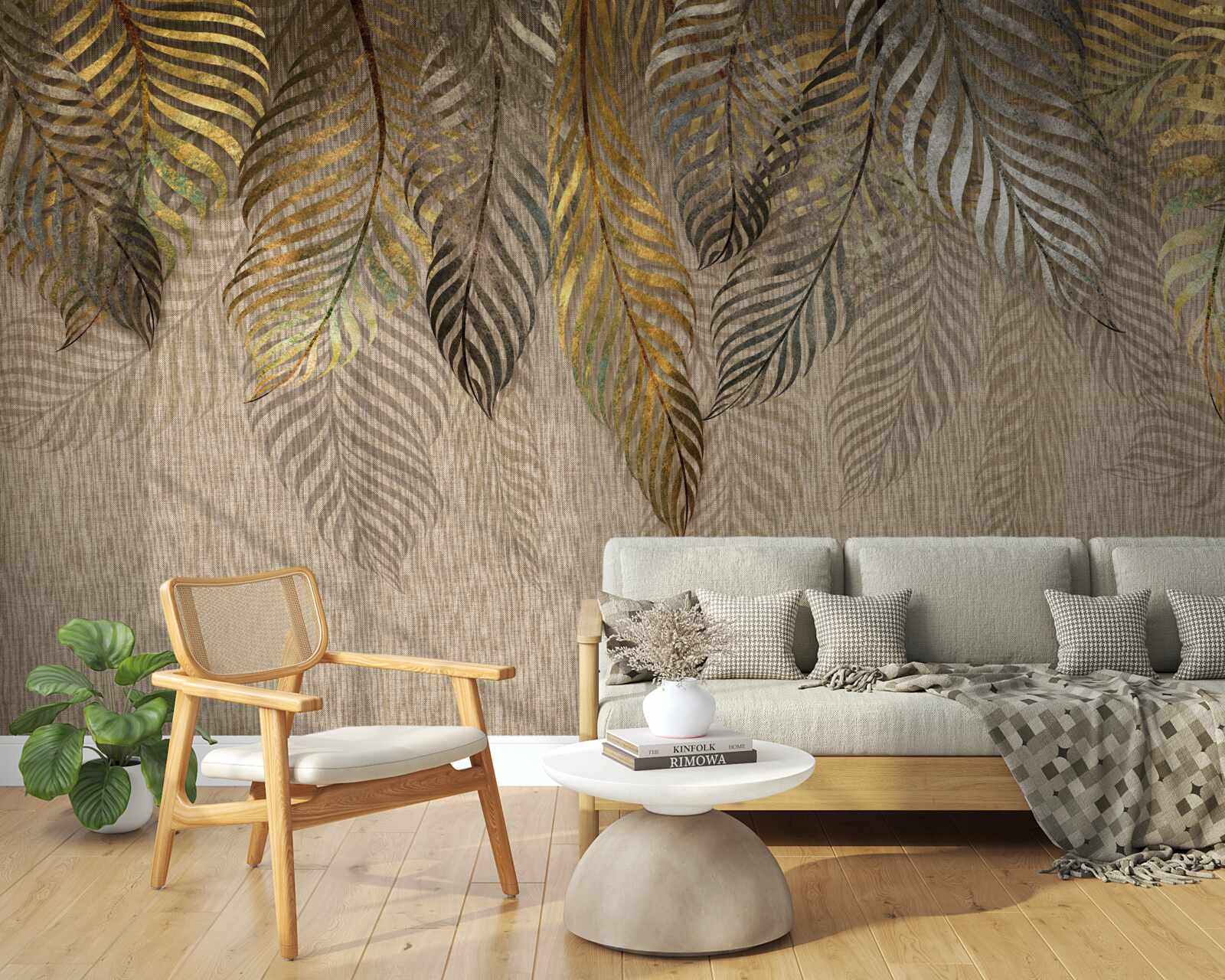 Fototapet frunze de ferigă de aur pe un fundal maro