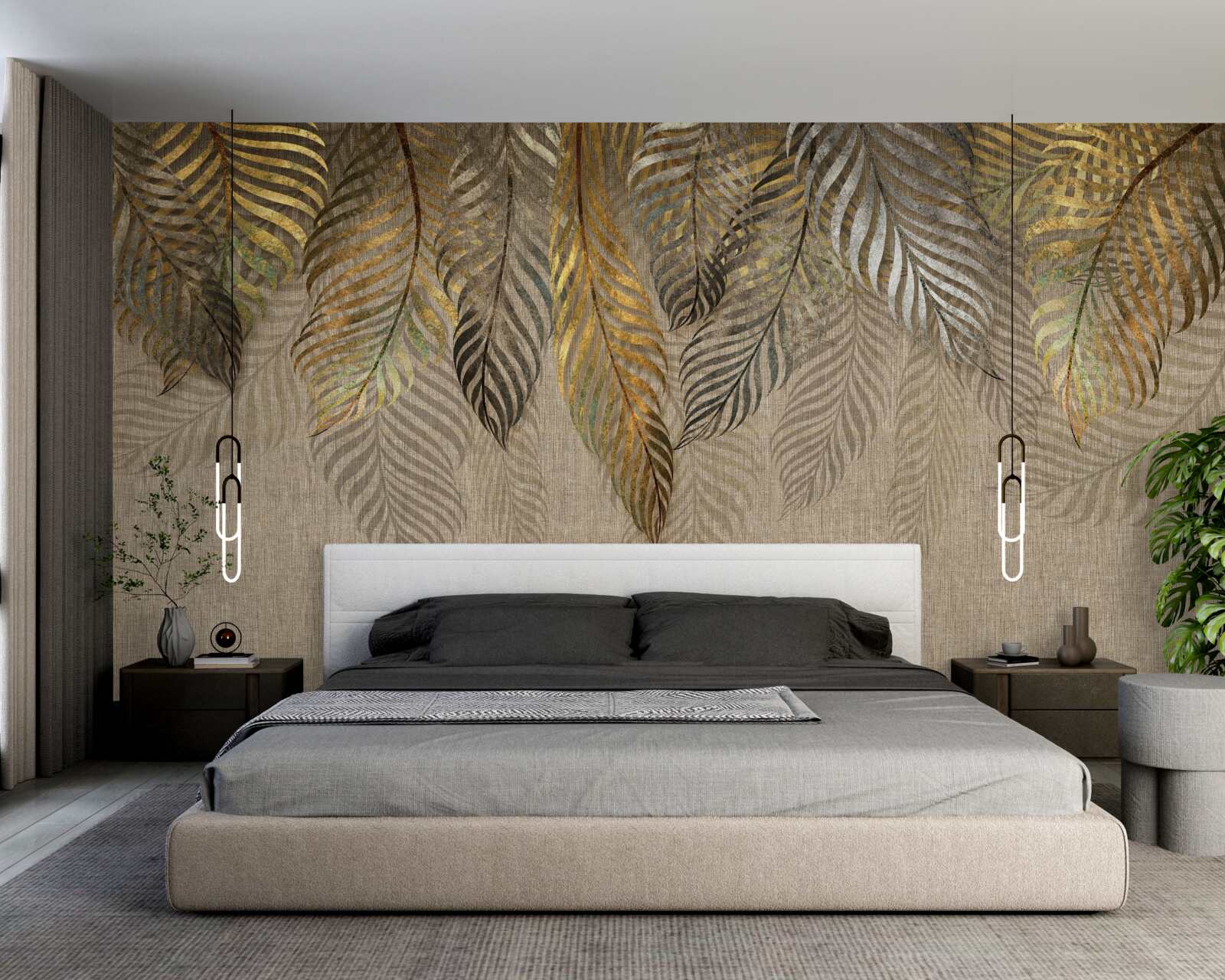 Fototapet frunze de ferigă de aur pe un fundal maro