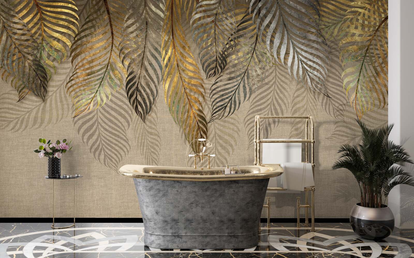 Fototapet frunze de ferigă de aur pe un fundal maro