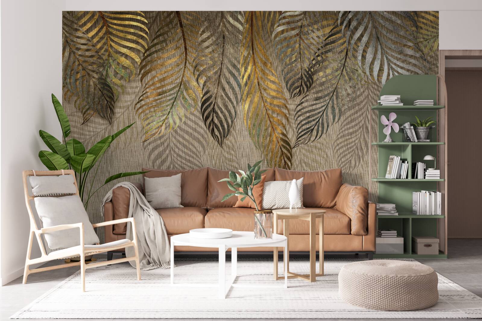 Fototapet frunze de ferigă de aur pe un fundal maro