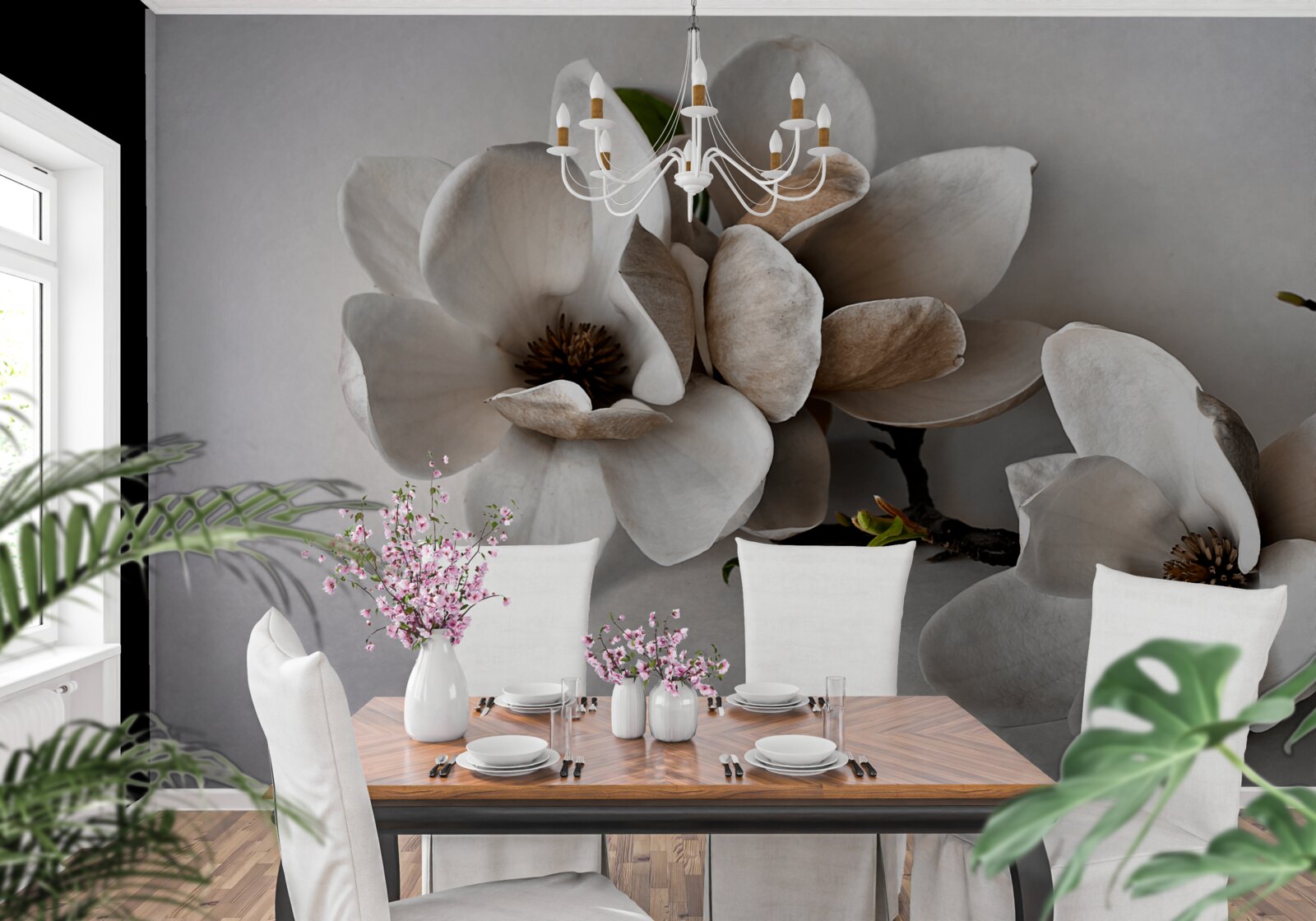 Fototapet ramuri cu flori albe pe un fundal gri