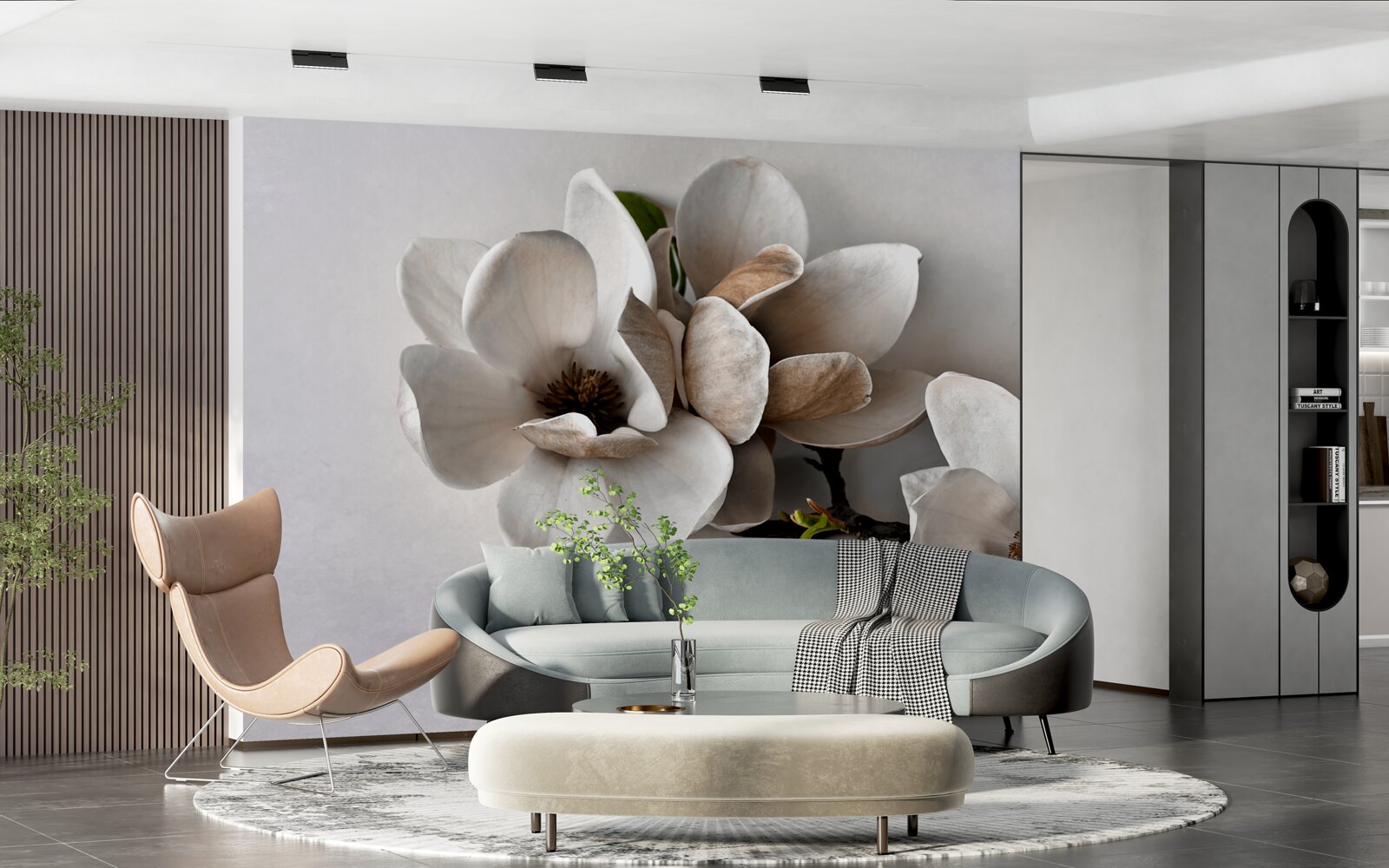 Fototapet ramuri cu flori albe pe un fundal gri