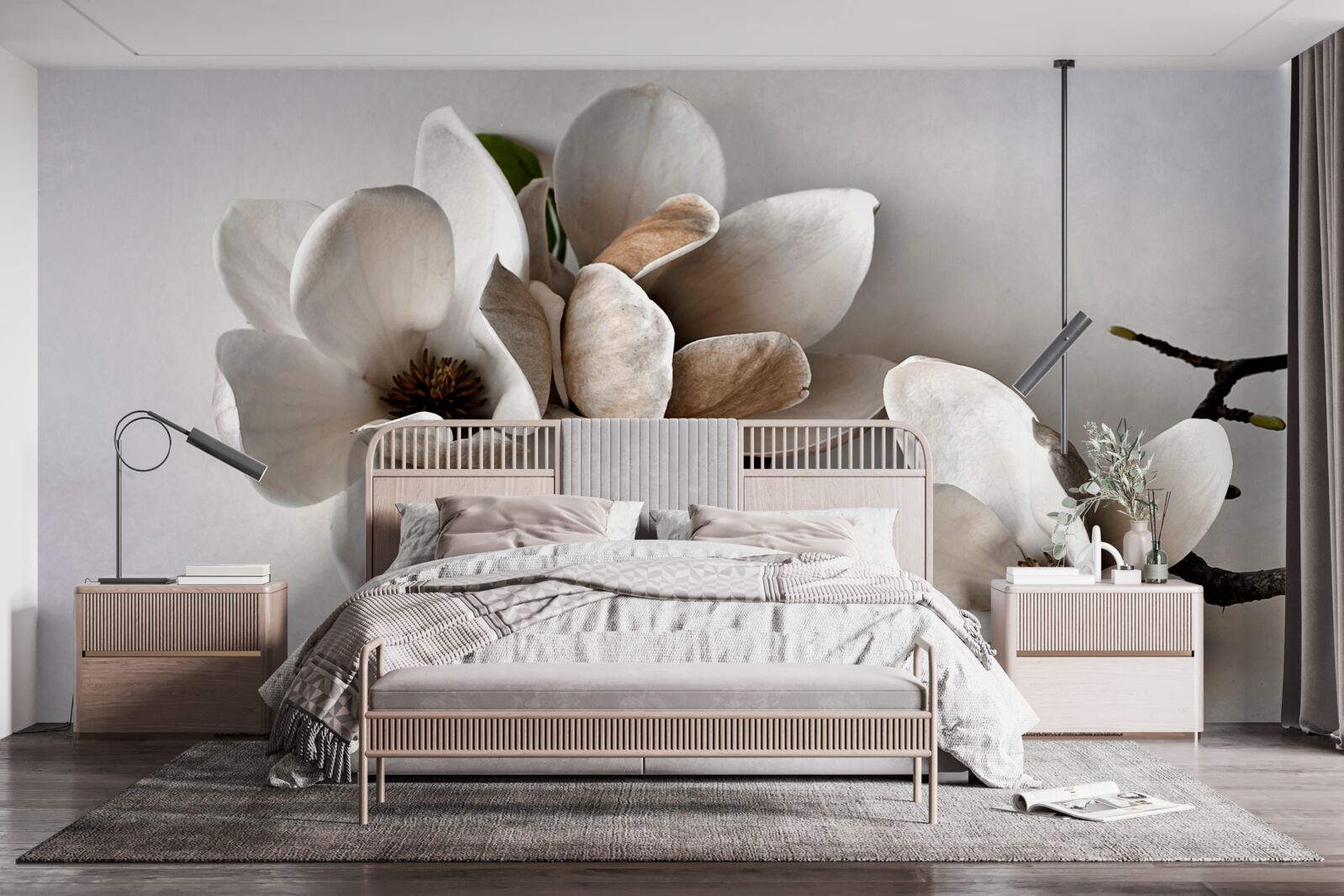 Fototapet ramuri cu flori albe pe un fundal gri