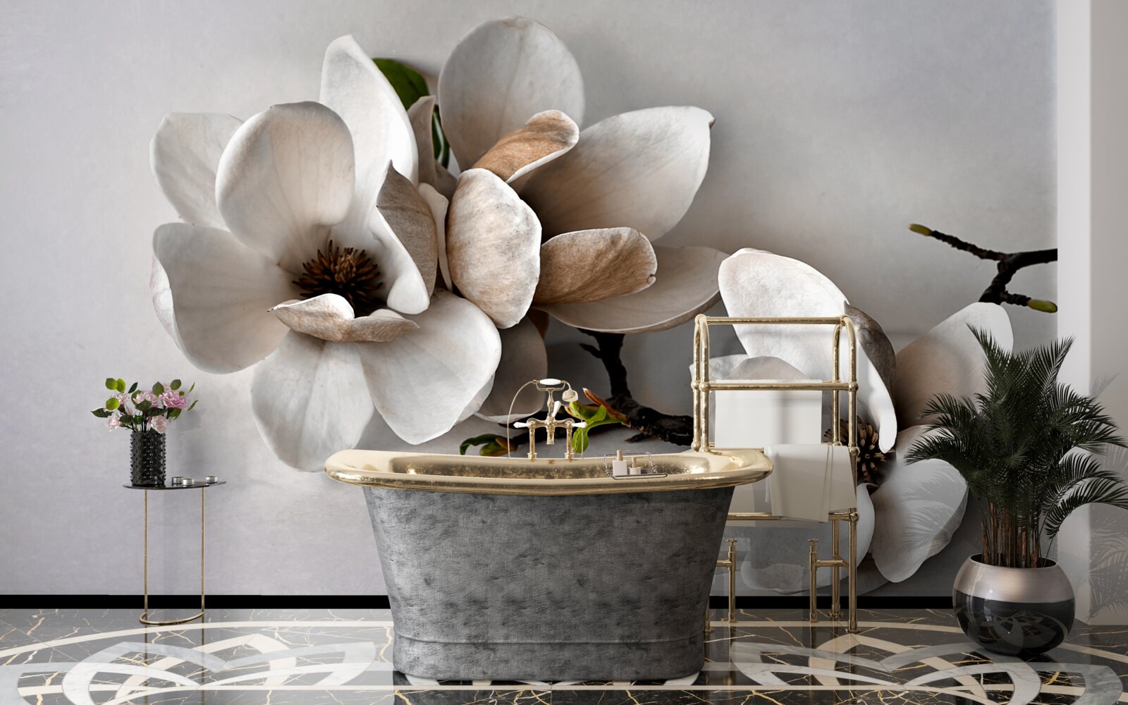 Fototapet ramuri cu flori albe pe un fundal gri