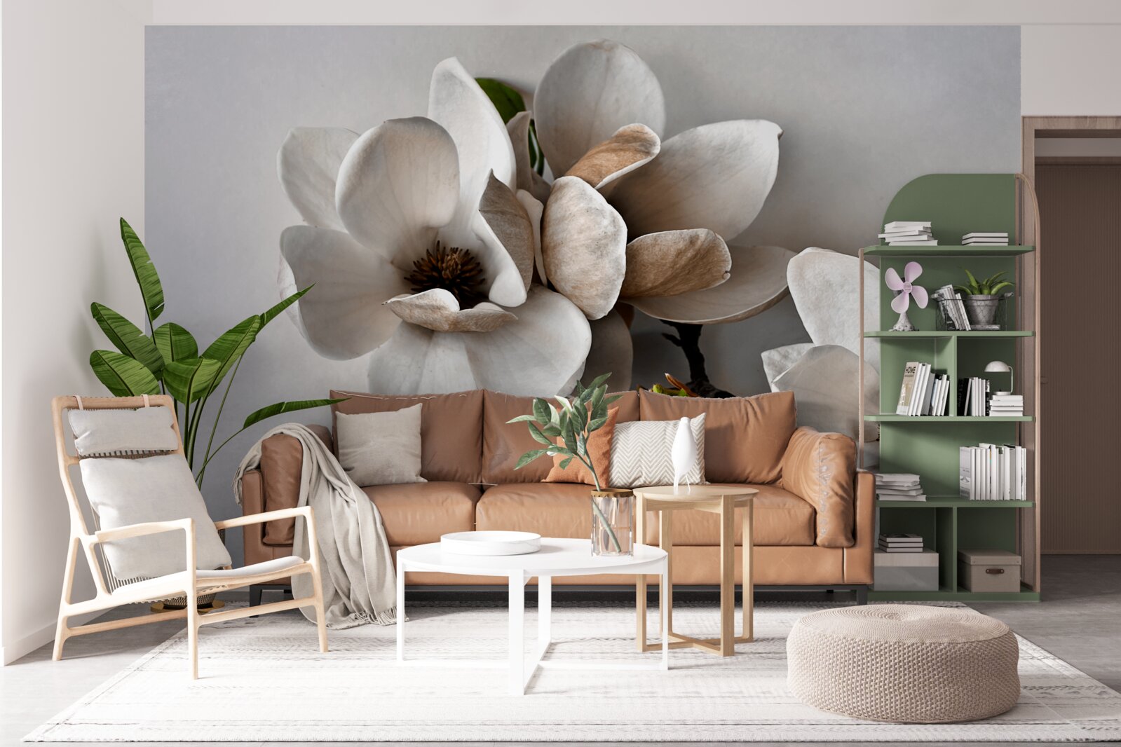 Fototapet ramuri cu flori albe pe un fundal gri