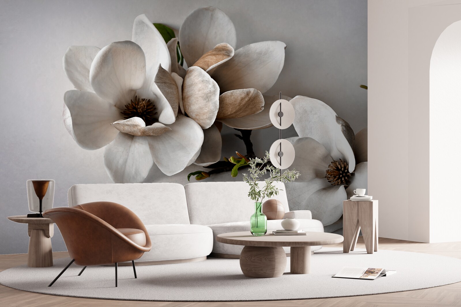 Fototapet ramuri cu flori albe pe un fundal gri