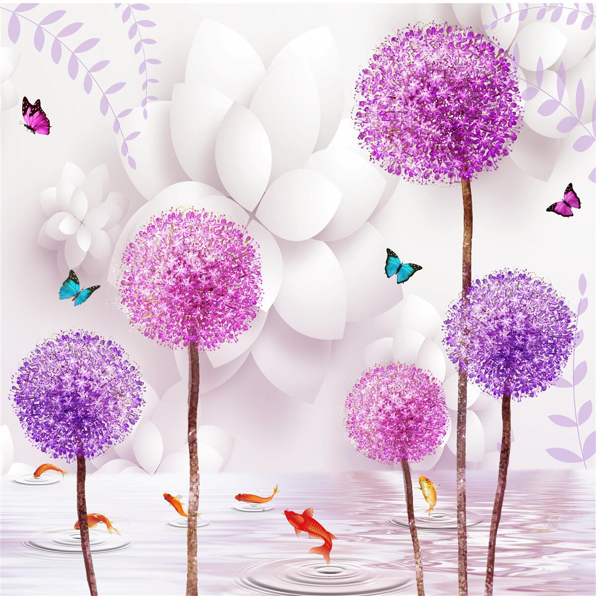 Fototapet millipedes de lumină violet sunt lângă apă cu fluturi