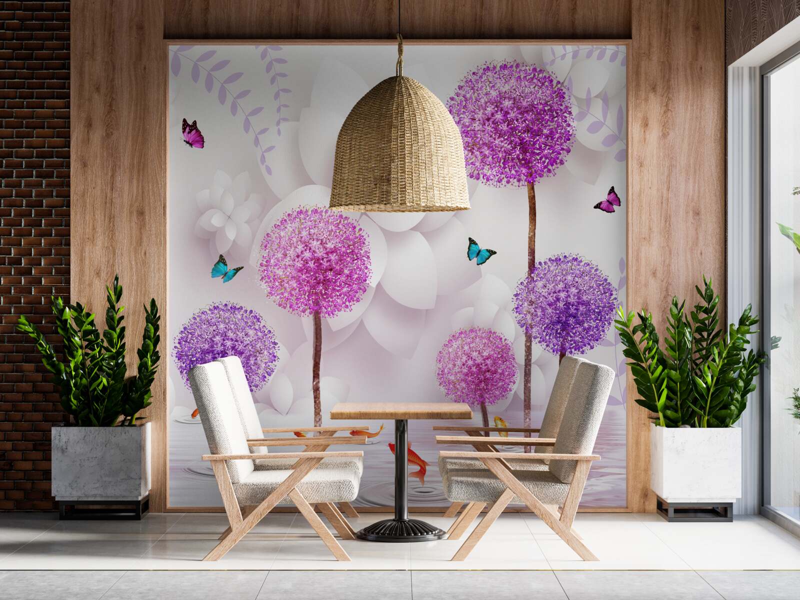 Fototapet millipedes de lumină violet sunt lângă apă cu fluturi