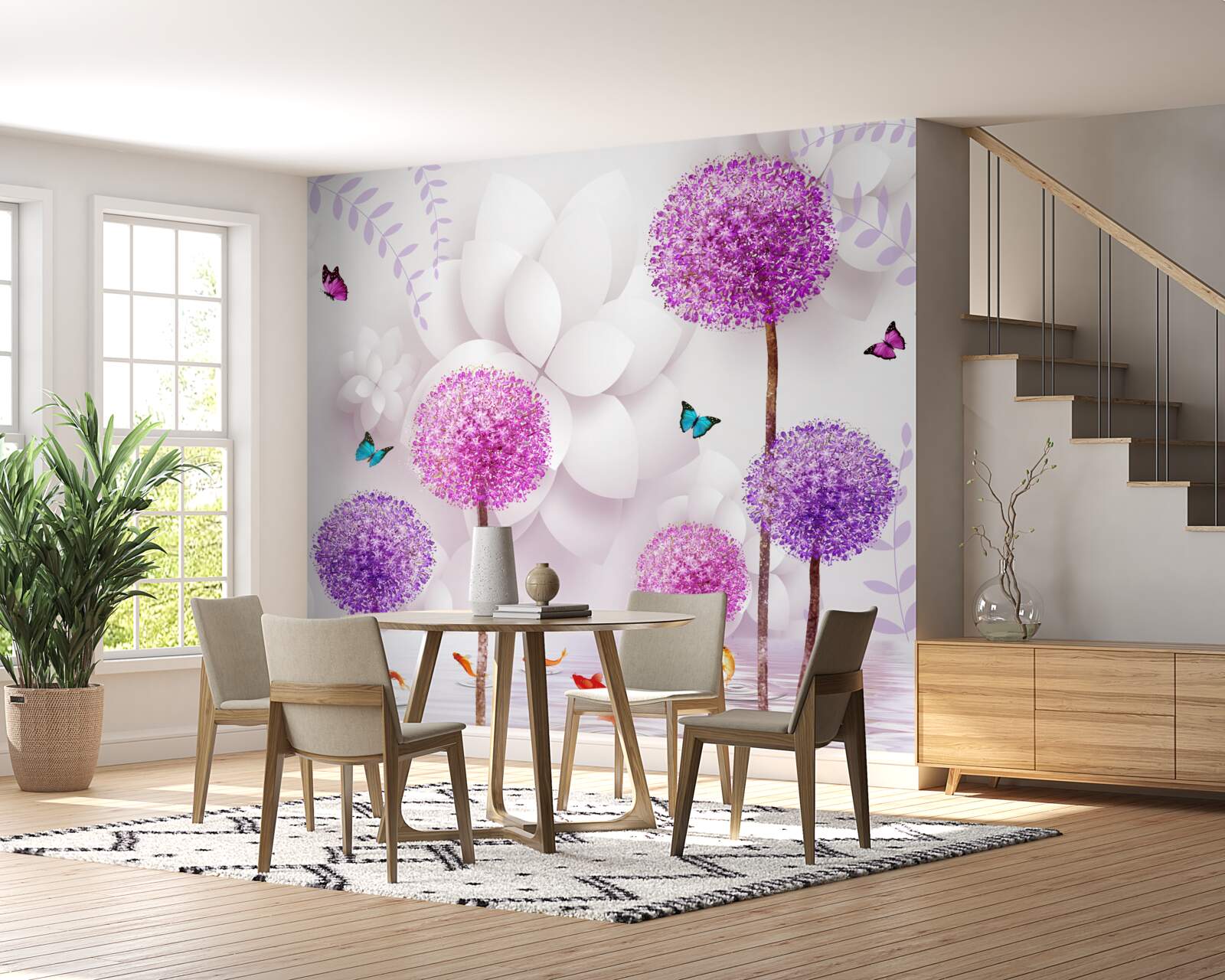 Fototapet millipedes de lumină violet sunt lângă apă cu fluturi