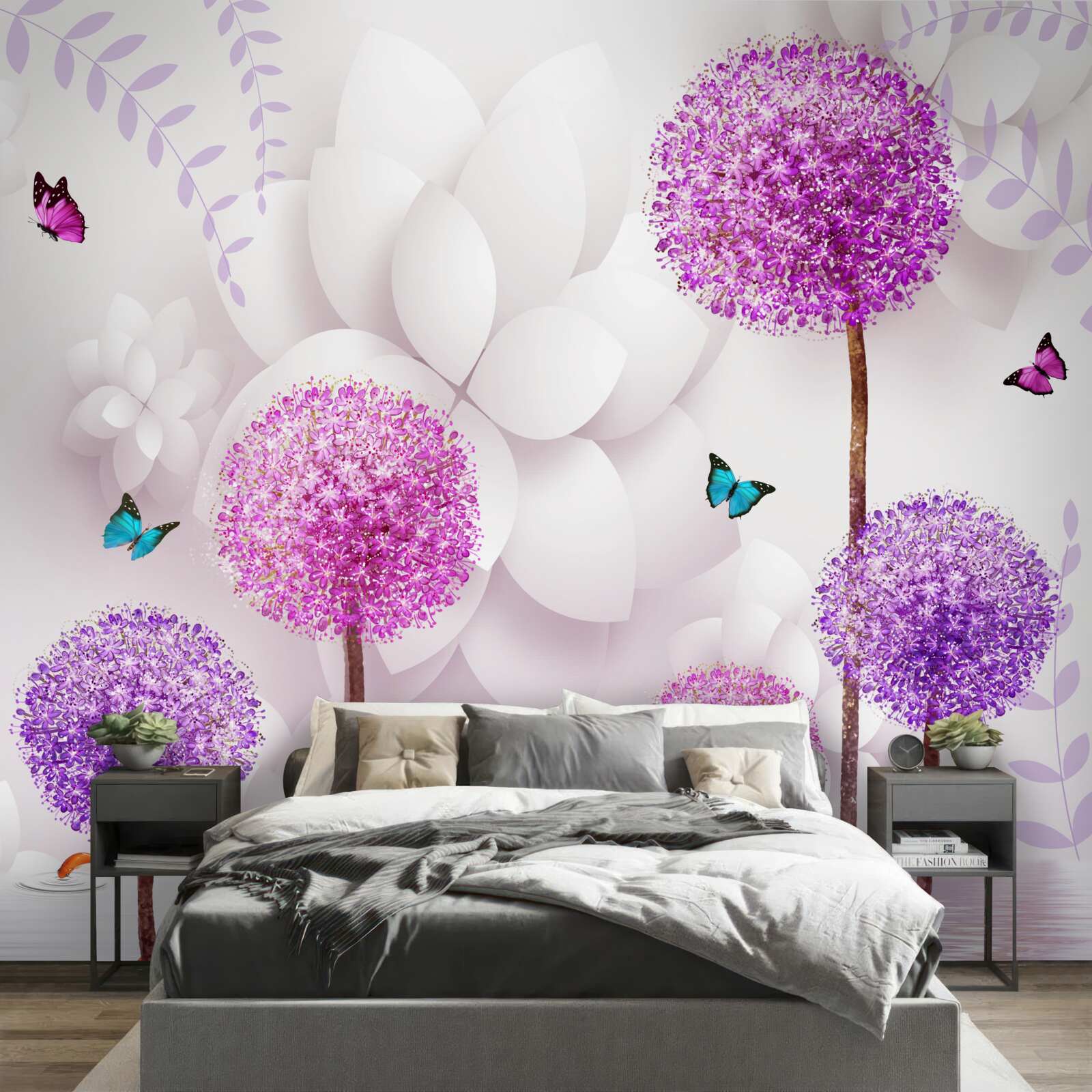 Fototapet millipedes de lumină violet sunt lângă apă cu fluturi