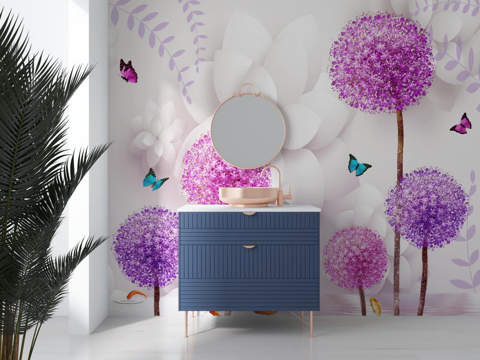 Fototapet millipedes de lumină violet sunt lângă apă cu fluturi