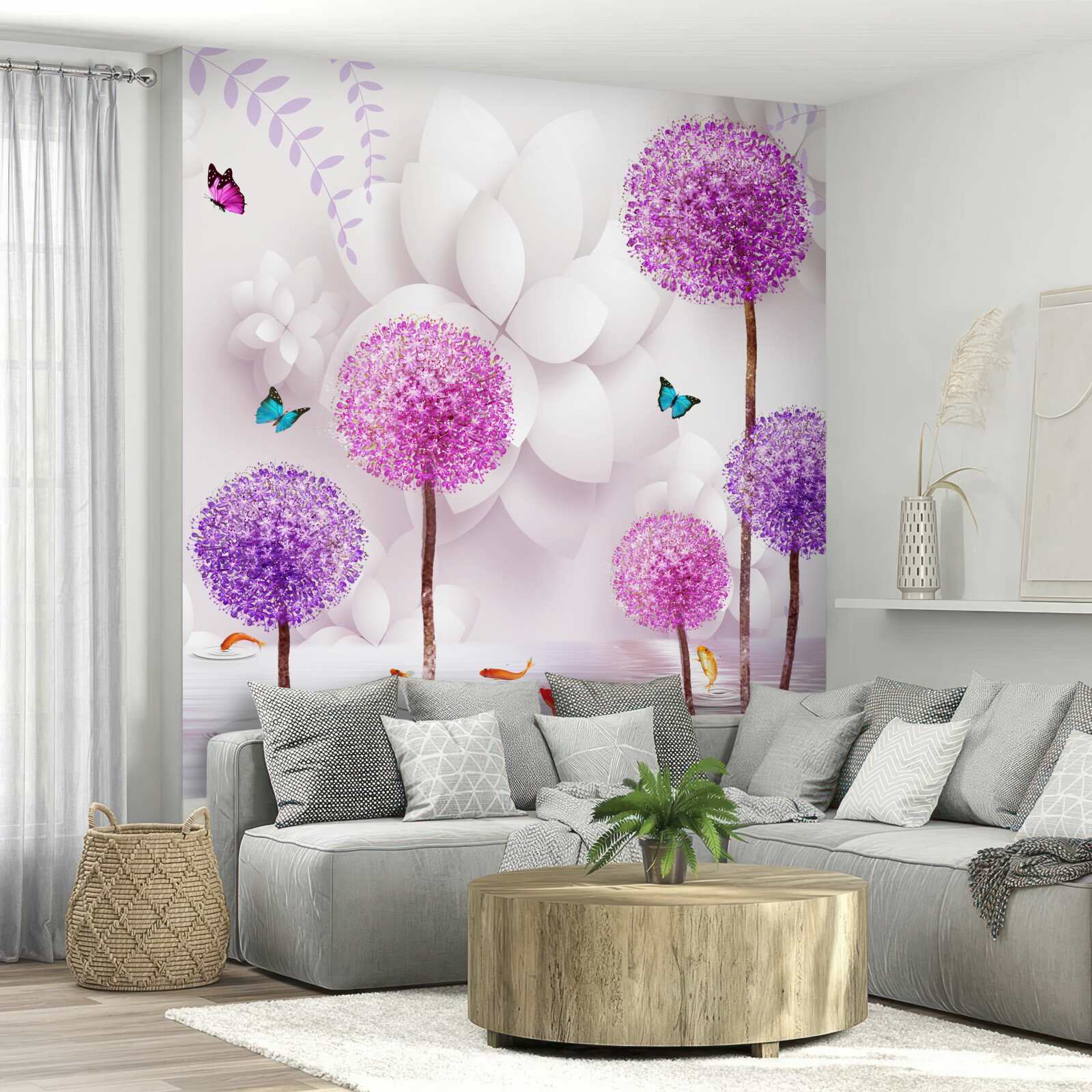 Fototapet millipedes de lumină violet sunt lângă apă cu fluturi