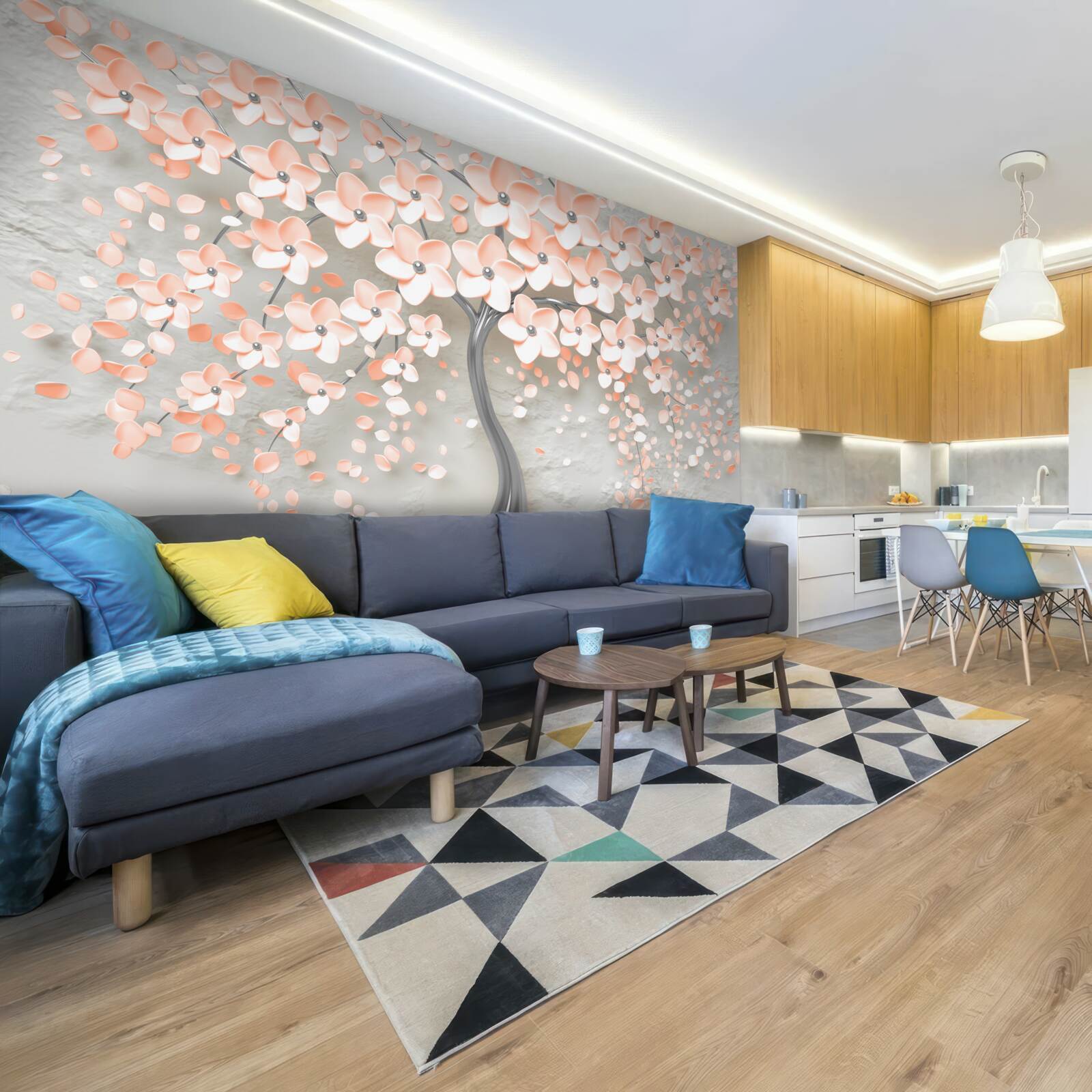 Fototapet copac cu frunze florifere de culoare crem deschis