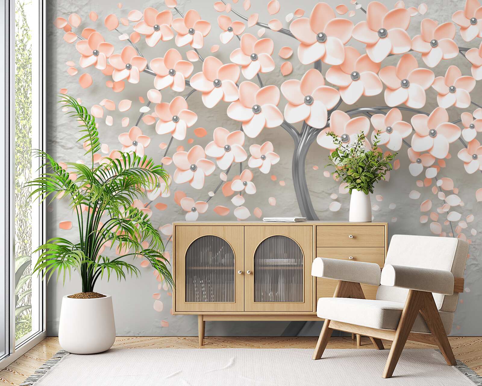 Fototapet copac cu frunze florifere de culoare crem deschis