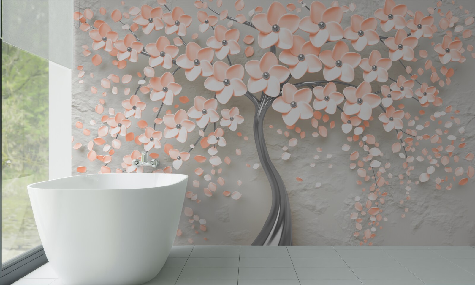 Fototapet copac cu frunze florifere de culoare crem deschis