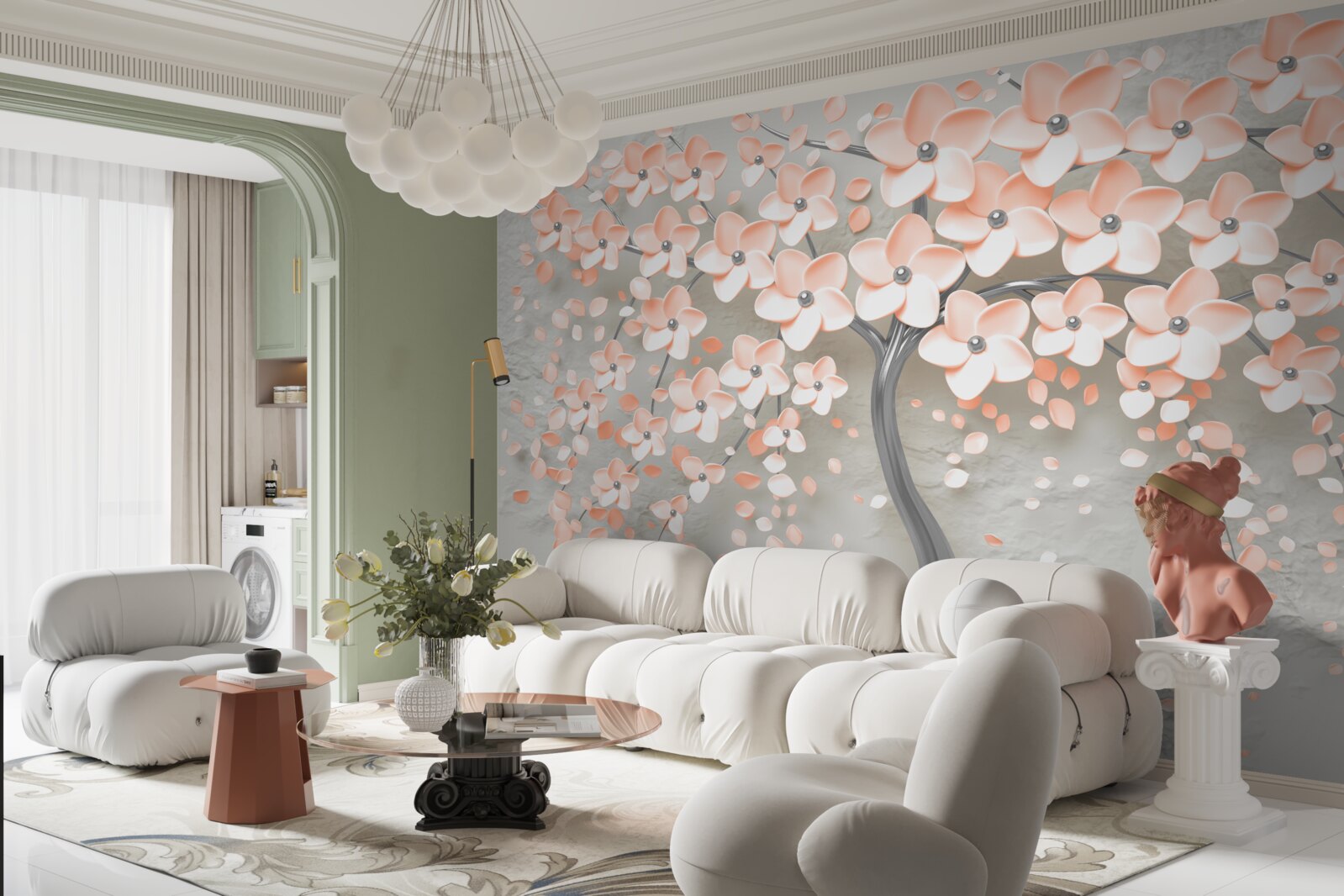 Fototapet copac cu frunze florifere de culoare crem deschis