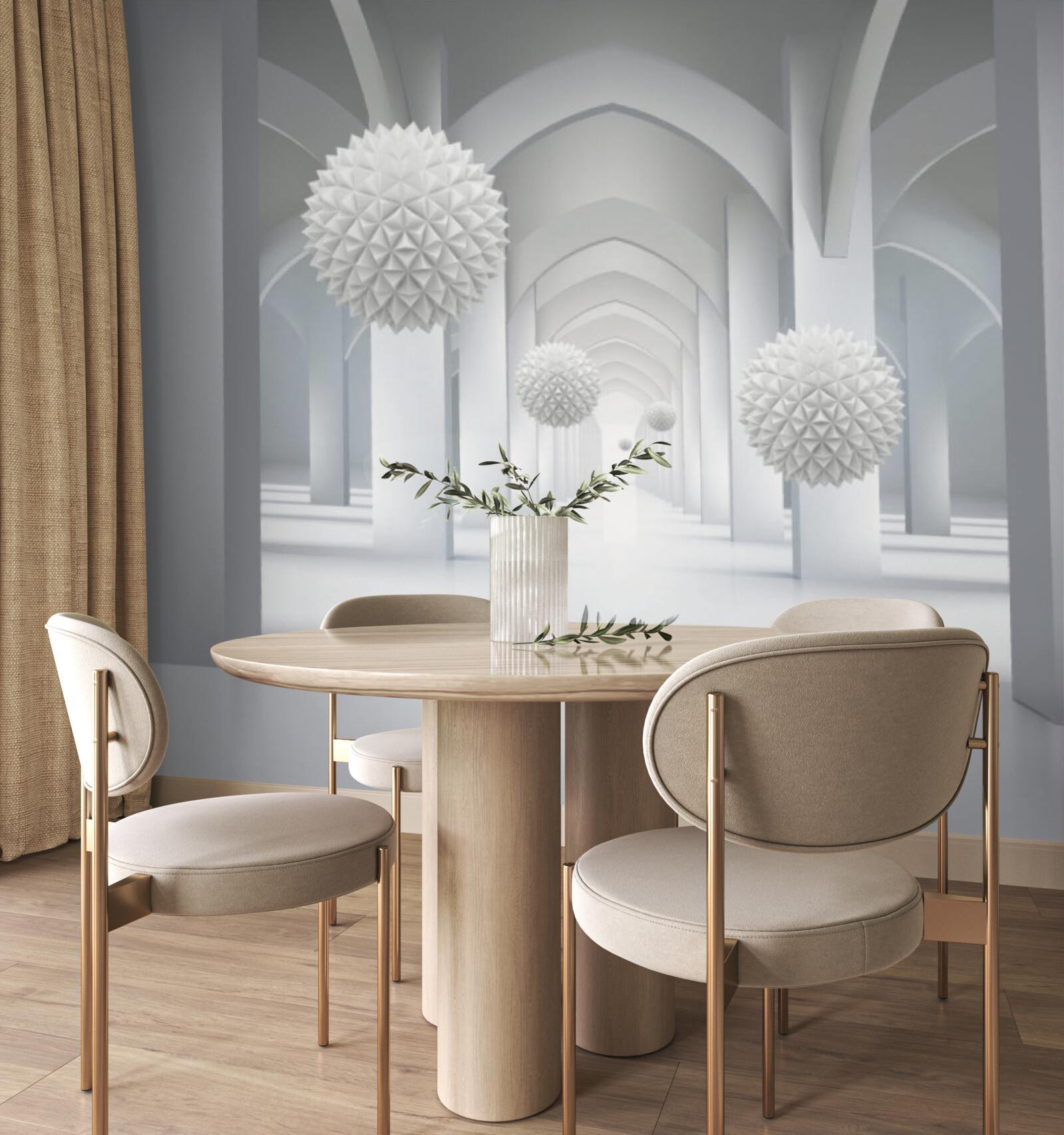 Fototapet abstract cu arcuri geometrice și sfere levitatoare