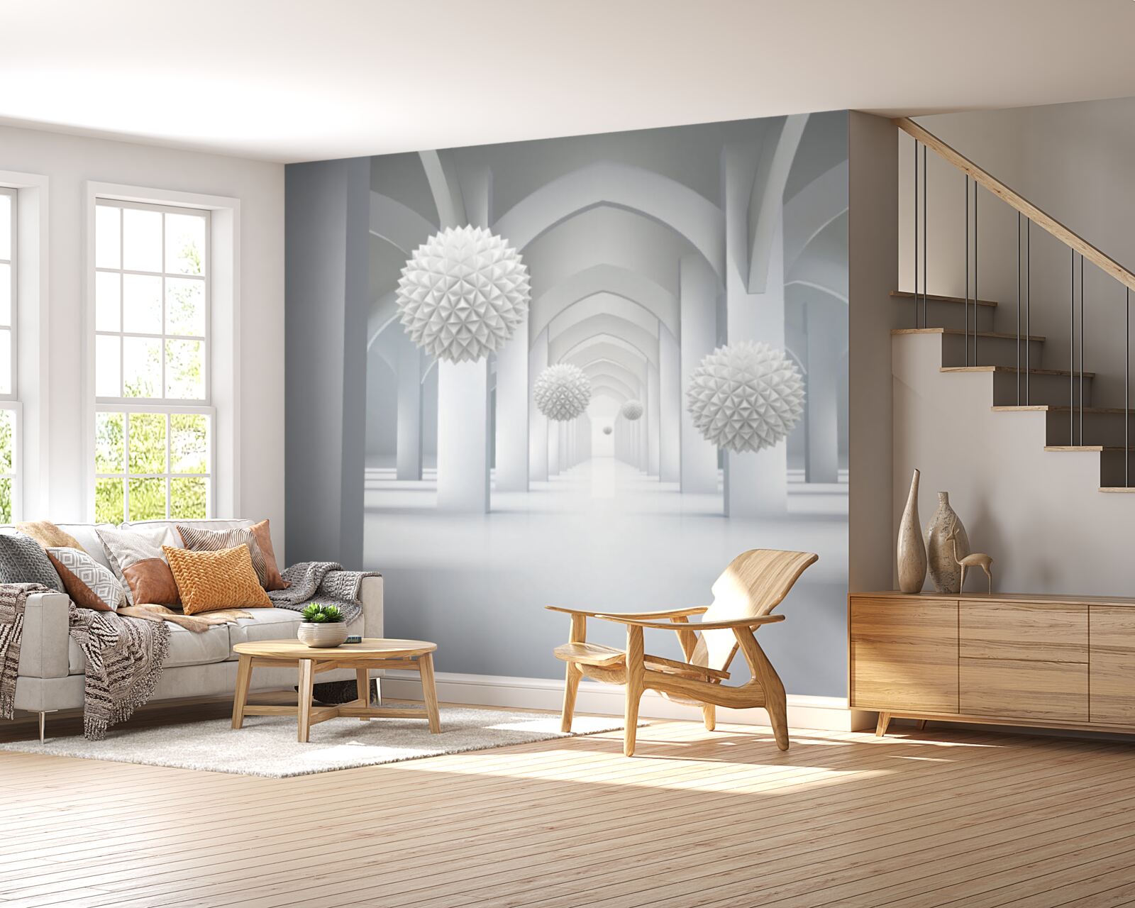 Fototapet abstract cu arcuri geometrice și sfere levitatoare