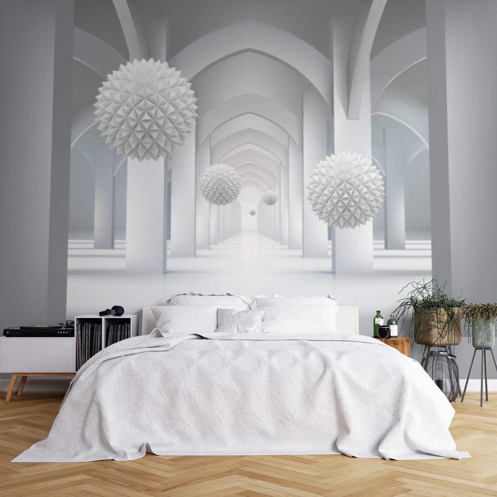 Fototapet abstract cu arcuri geometrice și sfere levitatoare