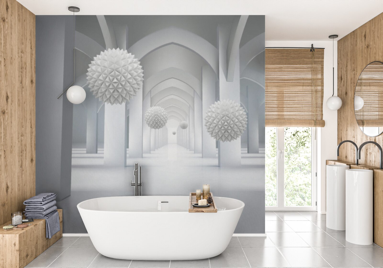 Fototapet abstract cu arcuri geometrice și sfere levitatoare