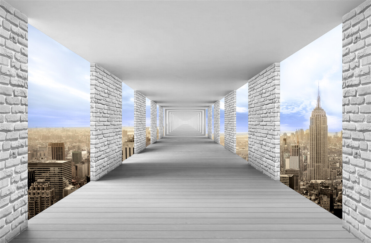 Fototapet coridor cu vedere la oraș în stil abstract