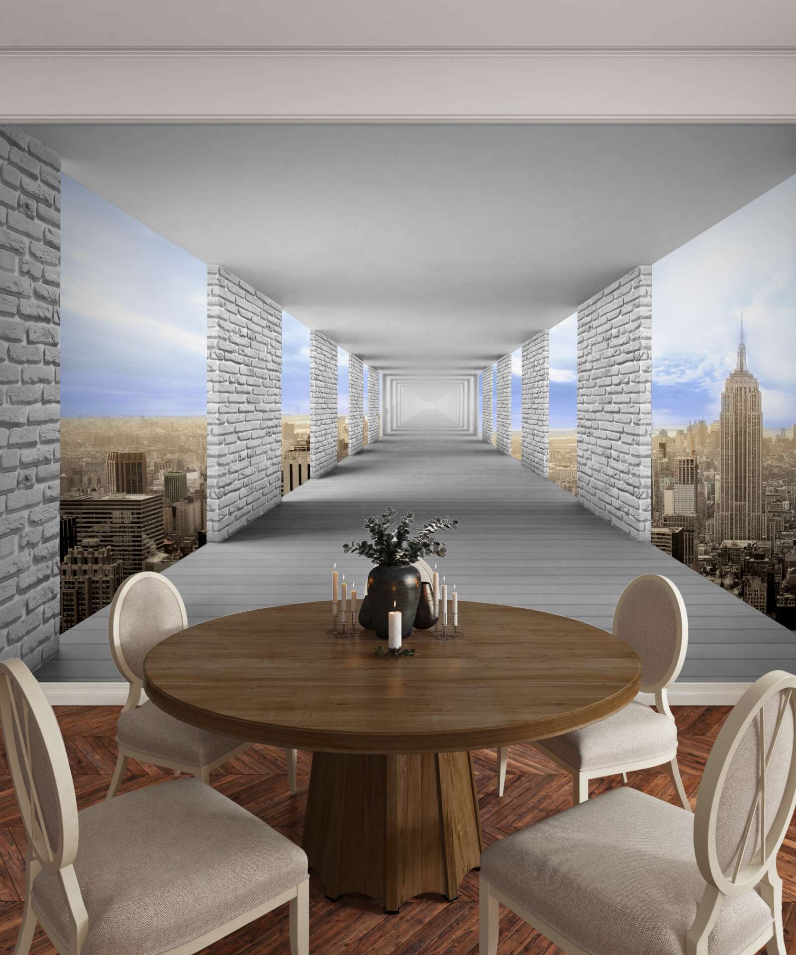 Fototapet coridor cu vedere la oraș în stil abstract