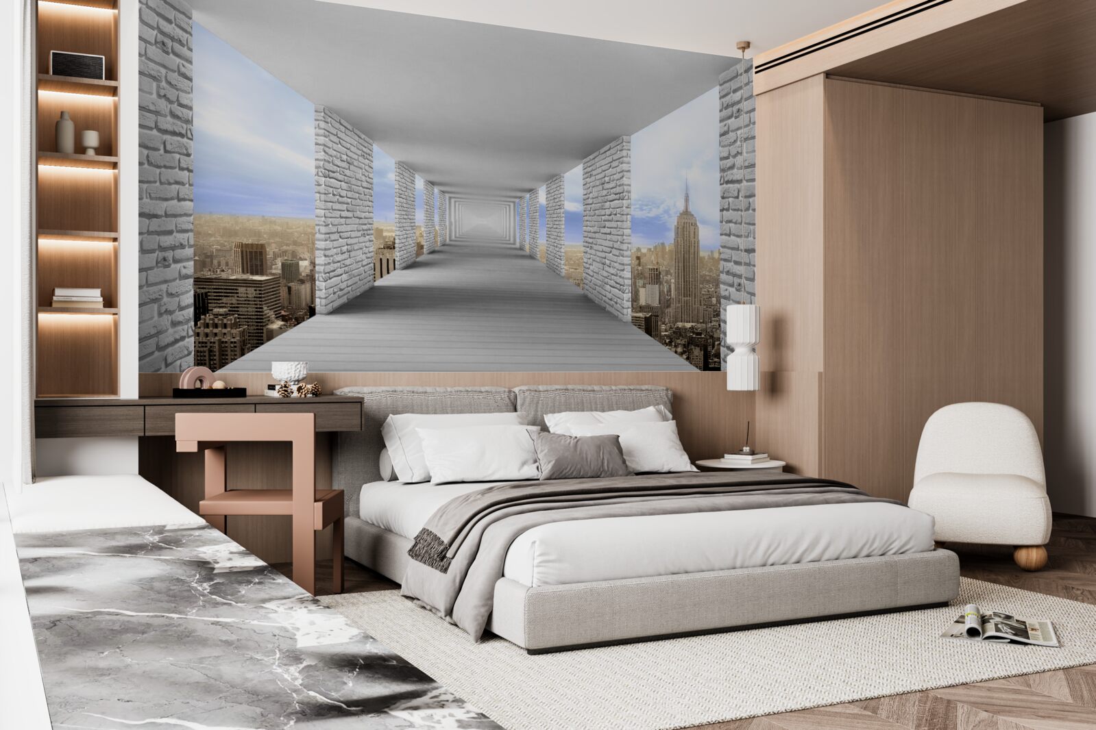 Fototapet coridor cu vedere la oraș în stil abstract