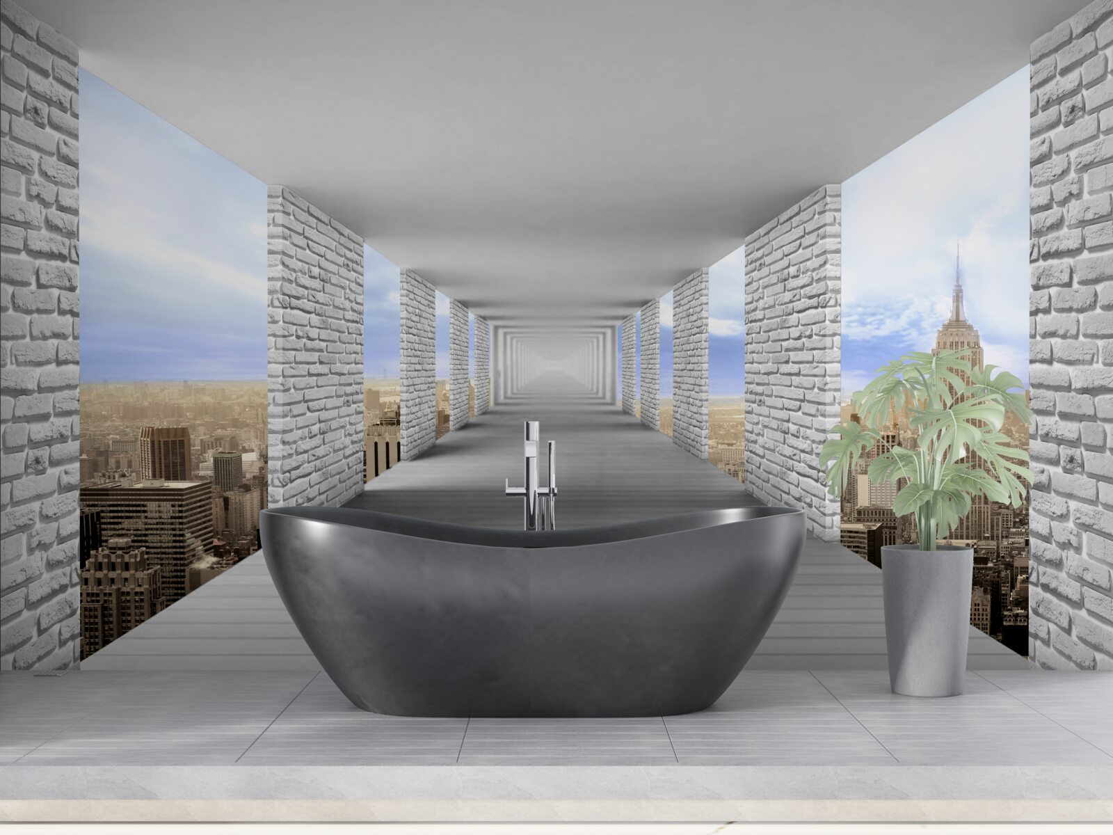 Fototapet coridor cu vedere la oraș în stil abstract